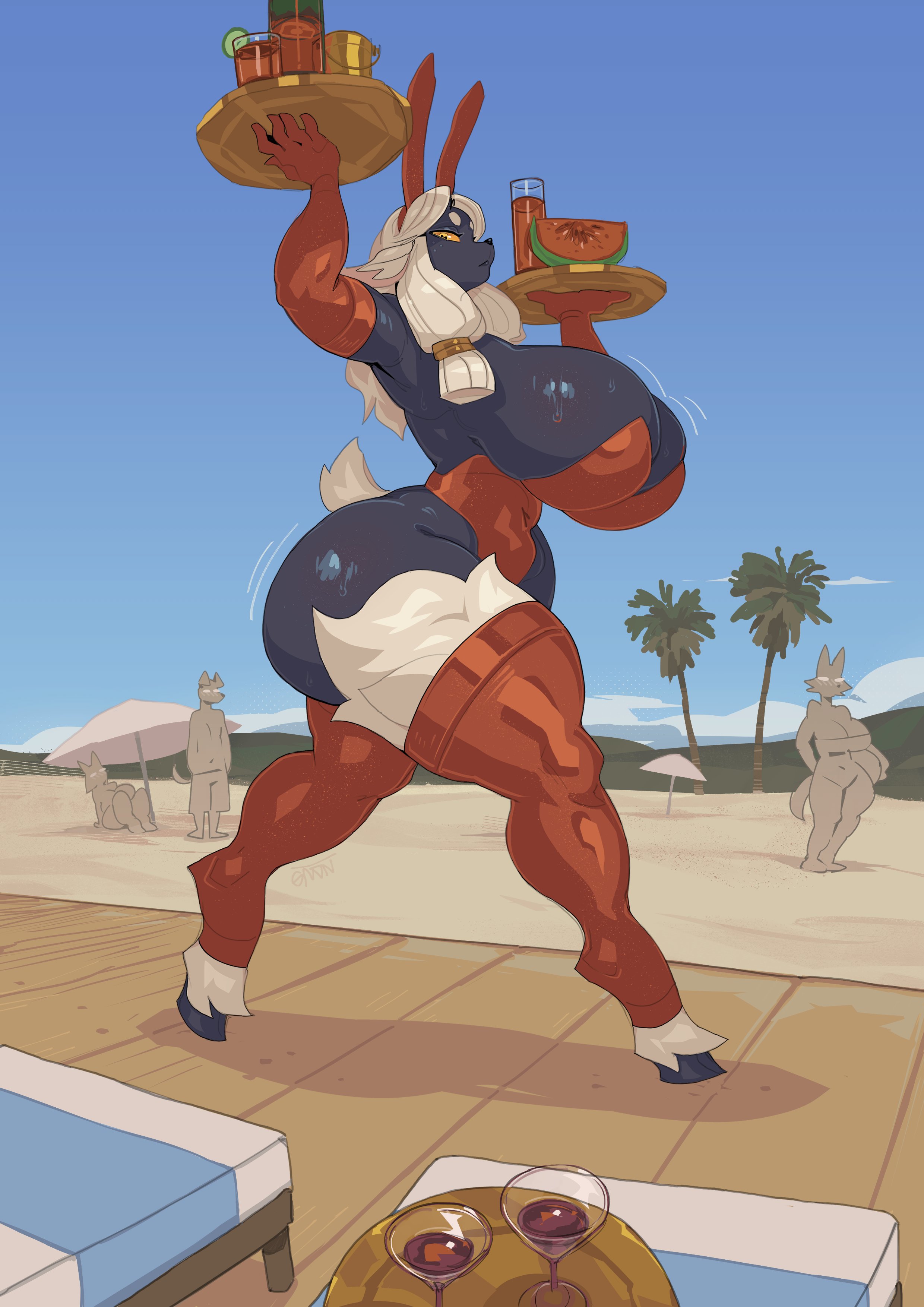 1boy, 3girls, beach, blue sky, bunny ears, drink, martini glass, nanokindred, palm tree, reinette (nanokindred), sand, solo focus, tagme, thighhighs, waitress