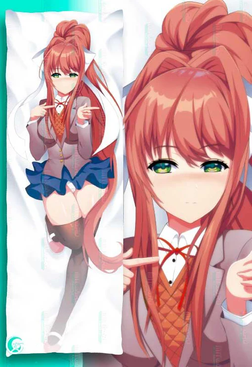 blue_skirt breasts dakimakura dakimakura_design doki_doki_literature_club green_eyes mitgard-knight mitgardknight monika_(doki_doki_literature_club) panties skirt