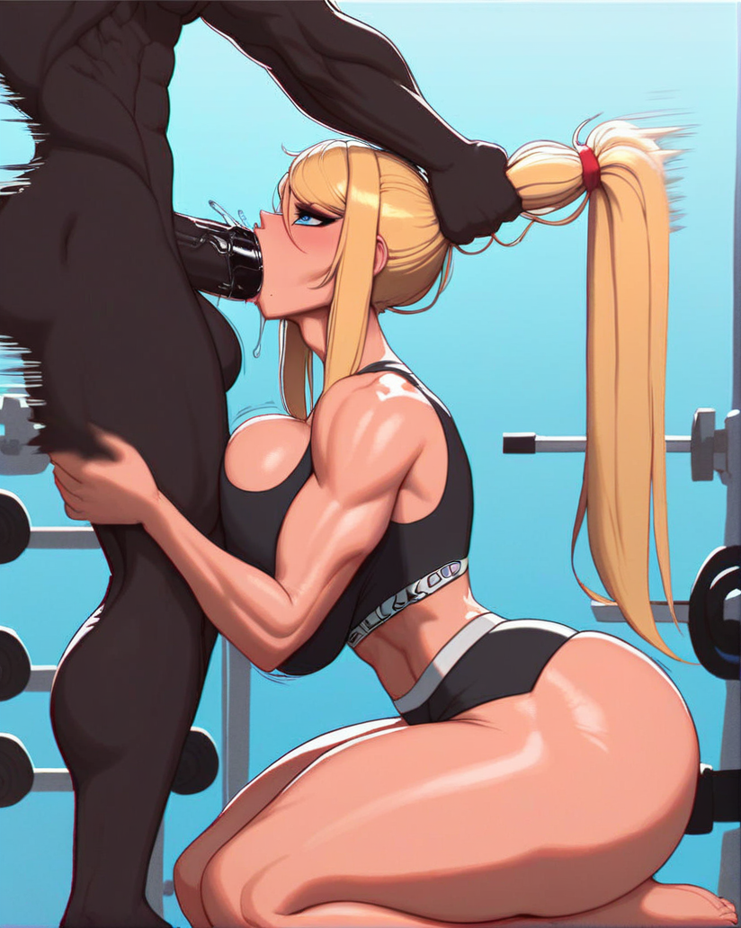 ai_generated dark-skinned_male deepthroat fellatio hair_grab huge_ass huge_breasts irrumatio ponytail samus_aran thick_thighs