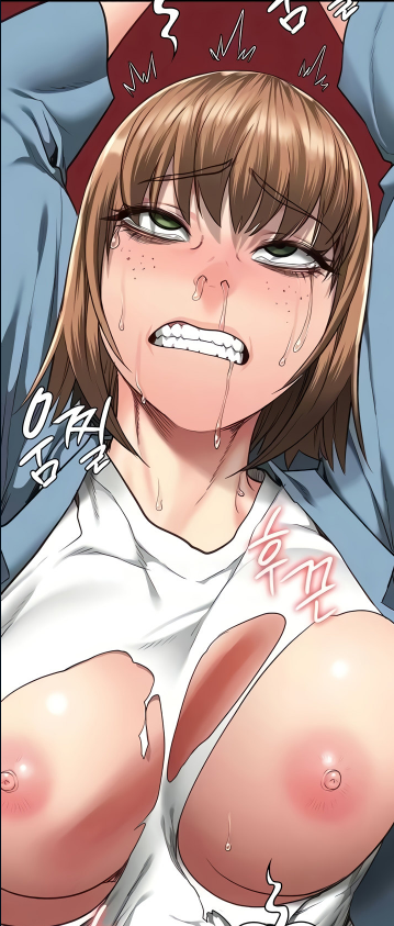 ahe_gao ahegao arms_above_head breasts breasts_out brown_hair crying crying_with_eyes_open cumming forced_fingering forced_orgasm green_eyes handcuffed handcuffs medium_breasts motion_lines open_mouth rape restrained ripped_clothing tagme