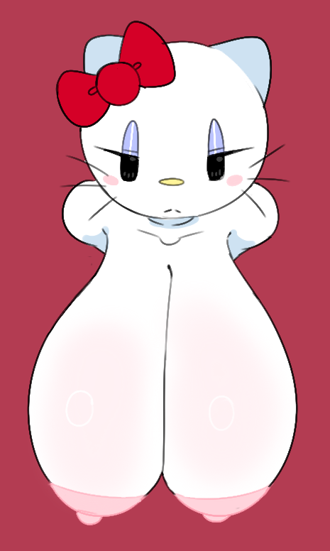 annoyed_expression anthro big_areola big_nipples breasts feline feline_humanoid hairbow hello_kitty hello_kitty_(character) hello_kitty_(series) huge_breasts sagging_breasts whiskers