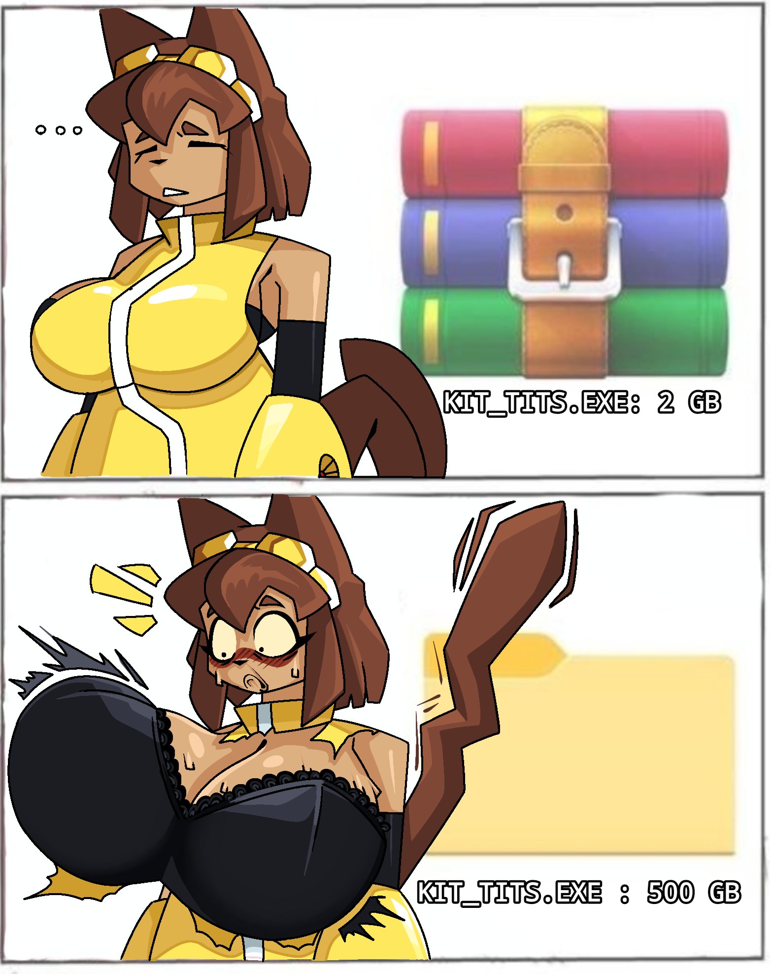 1girl, 1girls, 2koma, animal humanoid, bare shoulders, big breasts, blush, bouncing breasts, bra, breast expansion, breasts, brown hair, busty, cat girl, catgirl, cleavage, clothed, clothed female, clothing, dark skin, decompressed file meme, detached sleeves, feline, gameoverse, hammerspace, hammerspace breasts, hidden buxom, huge breasts, kit (gameoverse), kit bodega, large breasts, phoggy pho, short hair, solo, torn clothes, winrar