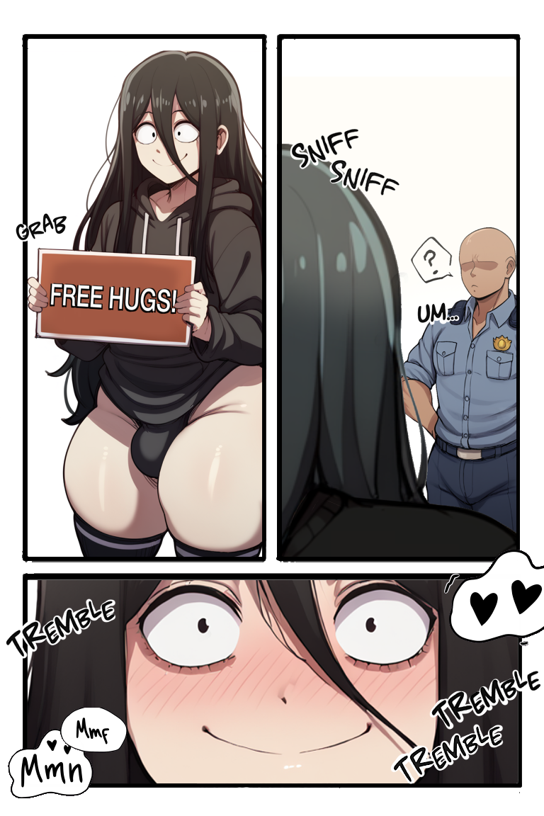 2boys ai_generated black_hair black_hoodie black_kneehighs black_stockings blackwhiplash_(style) blush comic comic_panel dark-skinned_male femboy free_hugs hoodie kneehighs long_hair plutoxxz police police_uniform policeman sexual_tension stockings thick_ass thick_hips thick_thighs