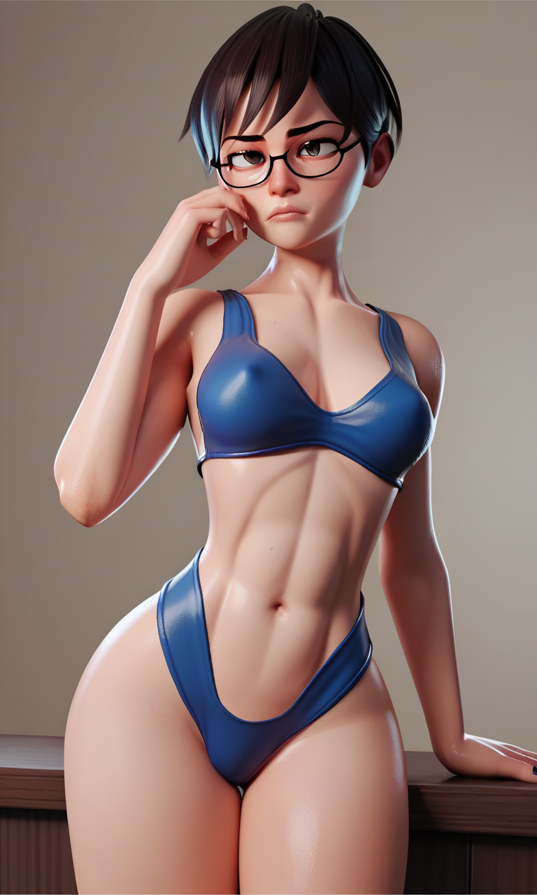 1girls 3d adele_(solvalley_school) ai_generated bikini blue_bikini brown_hair glasses kosine1777 short_hair small_breasts solvalley_school swimsuit