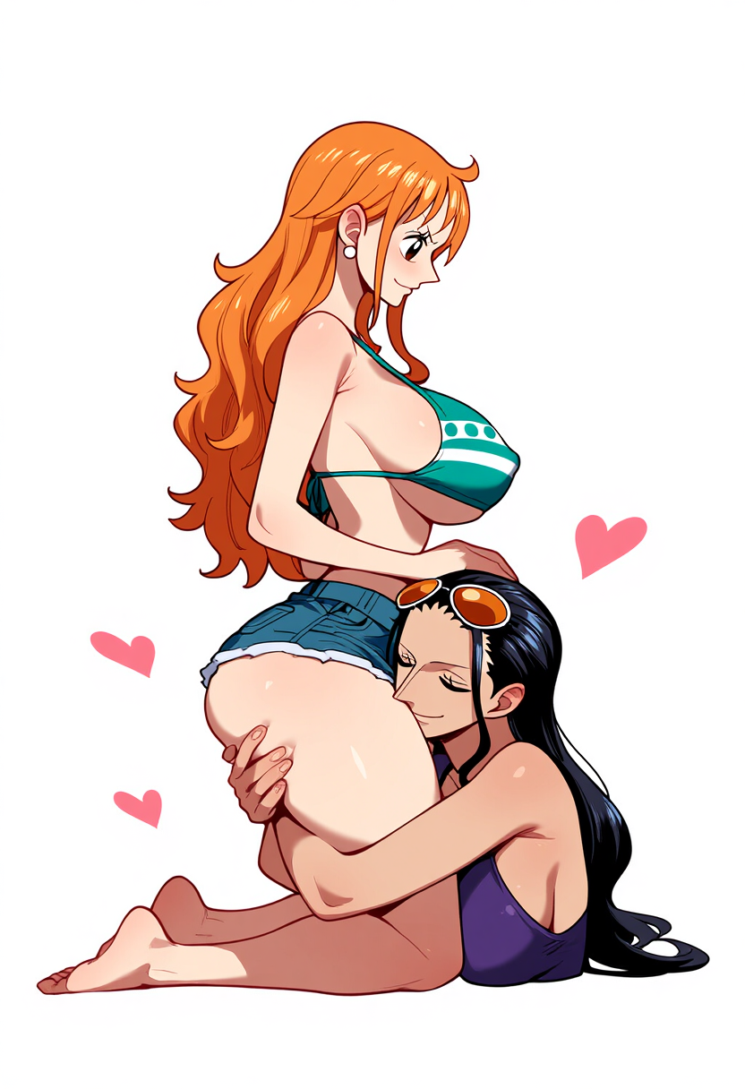 2girls ai_generated arms_around_partner big_ass big_breasts big_butt bikini blush blushing_female blushing_profusely bubble_ass bubble_butt cleavage cuddling deep_cleavage duo duo_female female female_only hand_on_another's_ass hand_on_ass heart huge_ass huge_breasts hugging_another hugging_another's_leg hugging_partner large_breasts lovers massive_breasts nami narrow_waist nico_robin one_piece self_upload sweatdrop sweating sweaty sweaty_body sweaty_breasts sweaty_butt thick_thighs white_background wide_hips yeetyboi5000 yuri yuri