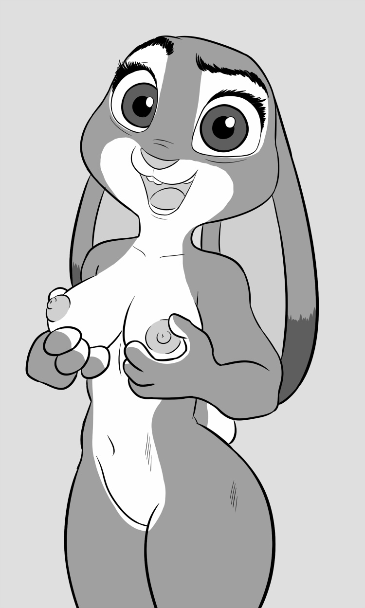 2017 3:5 anthro areola breast_fondling breast_play breasts disney erect_nipples exclamation_point featureless_crotch female fondling greyscale hand_on_breast hi_res judy_hopps lagomorph leporid looking_at_viewer mammal monochrome navel nipples nude open_mouth presenting presenting_breasts rabbit skeleito solo wide_hips zootopia