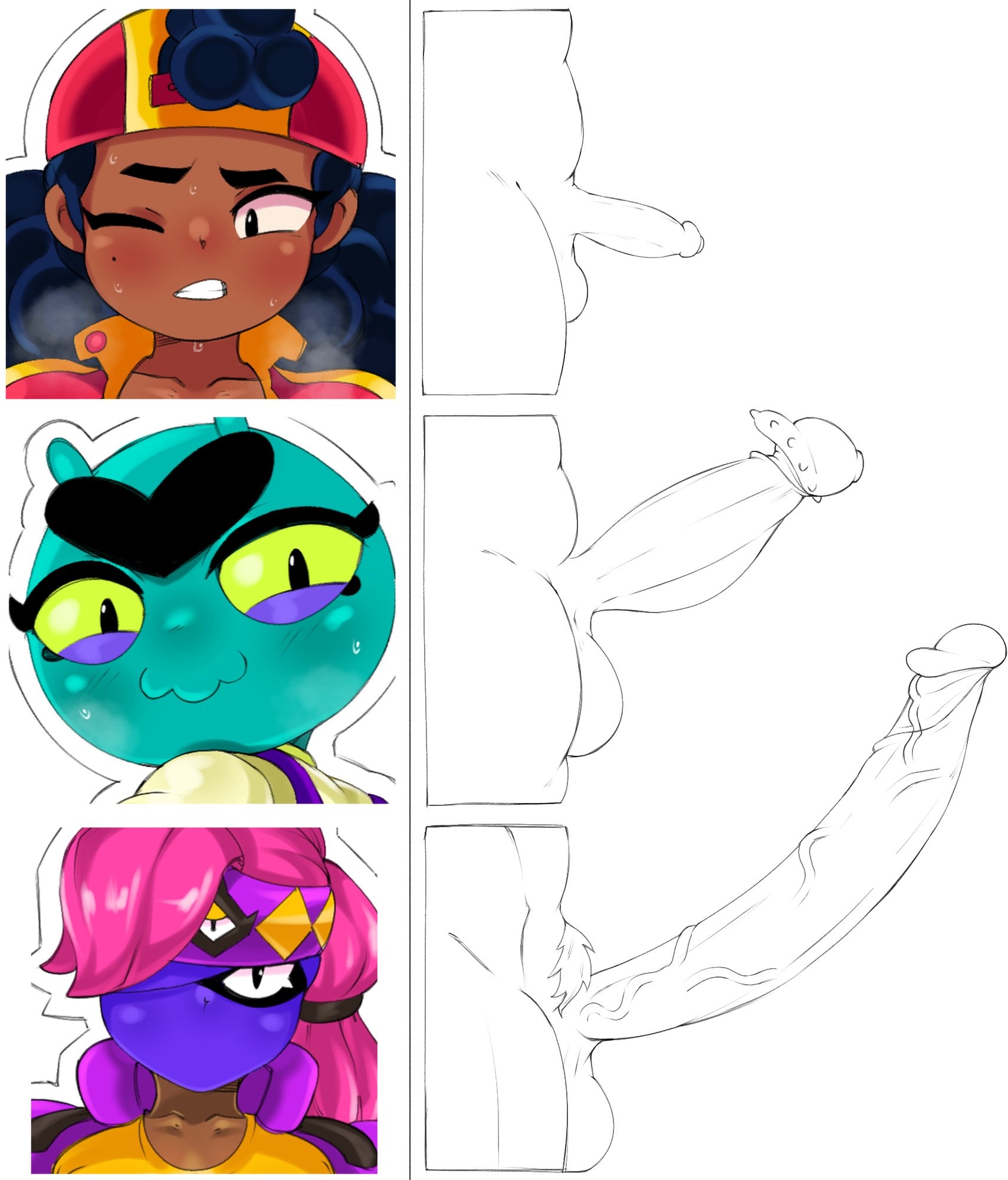 3futas, alien, big penis, bigger futa, black hair, blush, brawl stars, chart, clothed, clothed futa, clothing, cock, dark skin, dark-skinned futa, dick, dl06, erection, eve (brawl stars), futa only, futanari, huge cock, hung futa, large penis, long penis, massive penis, meg (brawl stars), penis, penis chart, penis size chart, penis size comparison, penis size difference, pink hair, pubic hair, ragequit tara (brawl stars), small penis, smaller futa, supercell, svdielius, tara (brawl stars), tiny penis, uncensored, veiny penis