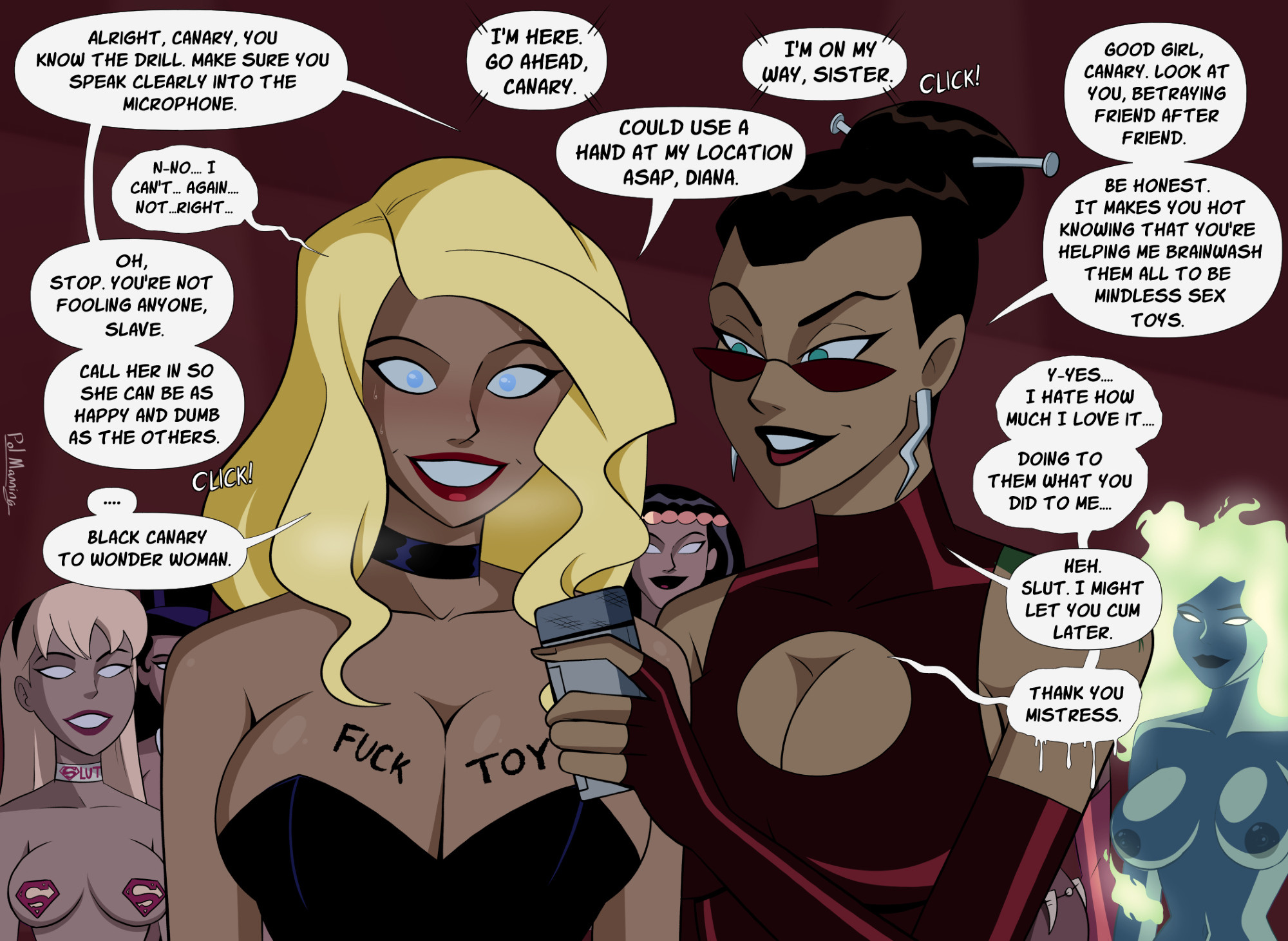 7girls, alien, alien girl, alien humanoid, artist name, asian, asian female, belt, big barda, big breasts, black canary, black hair, blonde hair, blue eyes, blush, blushing female, body writing, boob window, breasts, breasts out, brown hair, choker, cleavage, collar, dark skin, dark-skinned female, dc, dc comics, dcau, dialogue, dominant, dominant female, domination, domination/submission, dominatrix, earrings, elbow gloves, english, english text, female, female only, femdom, femsub, fingerless gloves, fire (dc), fuck toy, gloves, hairband, happy trance, headband, hips, hourglass figure, hypnosis, justice league, justice league unlimited, kryptonian, large breasts, latex, latex clothing, latex gloves, leotard, light skin, light-skinned female, lipstick, magician, magician hat, mind control, navel, nipples, nipples outside, no pupils, nude, nude female, onomatopoeia, pasties, polmanning, red lipstick, roulette (dc), simple background, slave, slut collar, smile, smiling, speech bubble, submission, submissive, submissive female, sunglasses, supergirl, supergirl (dcau), superman (series), sweat, sweatdrop, text, topless, topless female, unseen character, unseen female face, visible breath, vixen (dc), white eyes, wide hips, zatanna, zatanna zatara