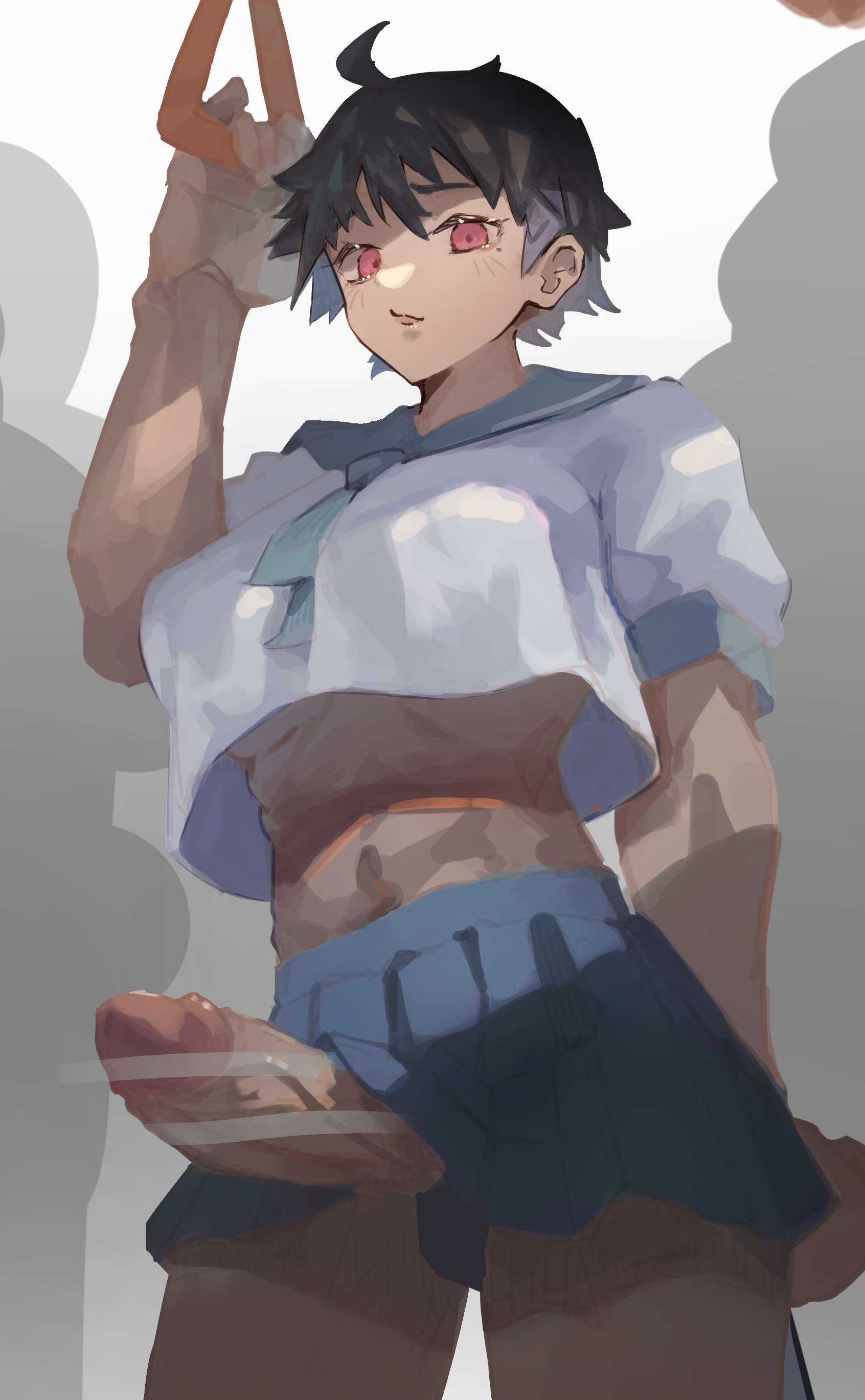 1futa, abs, balls, big breasts, big penis, black hair, bottomless, breasts, censored, clothed, clothing, crowd, dark skin, dark-skinned futa, erection, futa only, futanari, hankerchief, human, intersex, midriff baring shirt, mostly clothed, penis, public, public exposure, public transportation, qh5, red eyes, short hair, skirt, solo, standing, train interior, underboob