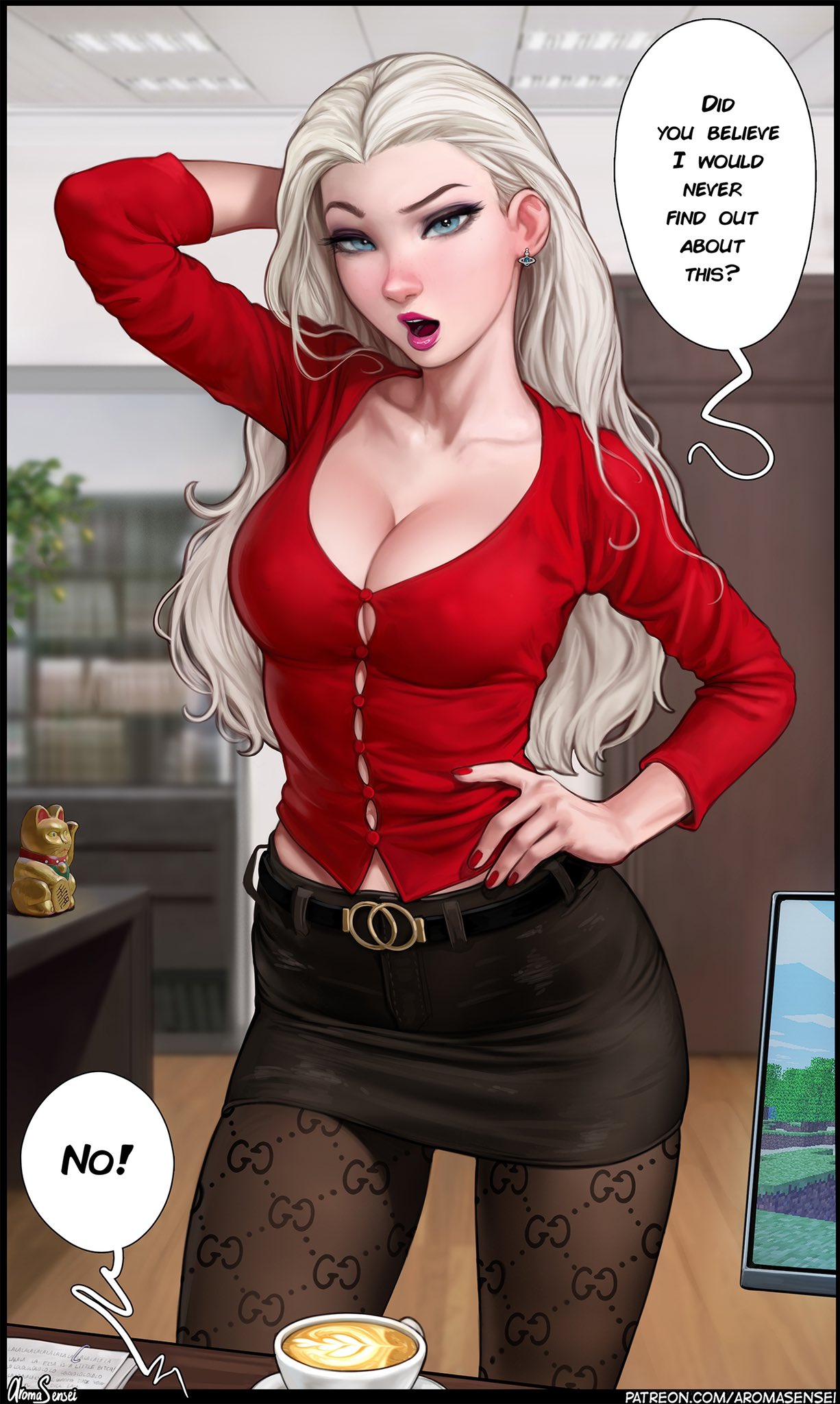 1girls, 2022, aroma sensei, blonde female, blue eyes, breasts, cleavage, clothing, dialogue, disney, elsa (frozen), english text, erect nipples under clothes, female, frozen (film), hips, large breasts, leggings, medium breasts, nipples visible through clothing, office lady, pencil skirt, red shirt, short skirt, skirt, slim waist, stockings, text, thick thighs, thighs, tights, white hair, wide hips