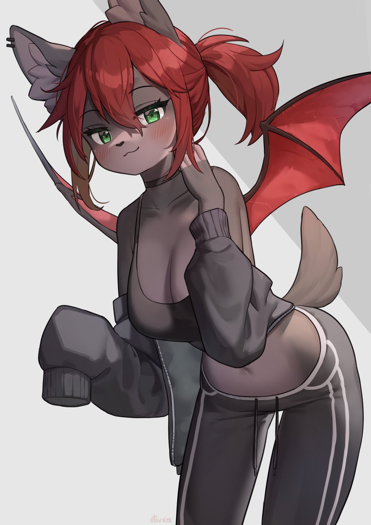 :3 anthro big_breasts blushing breasts dark_skin demon_girl etivka female hybrid leaning_forward long_sleeves oversized_hoodie red_hair tagme wings