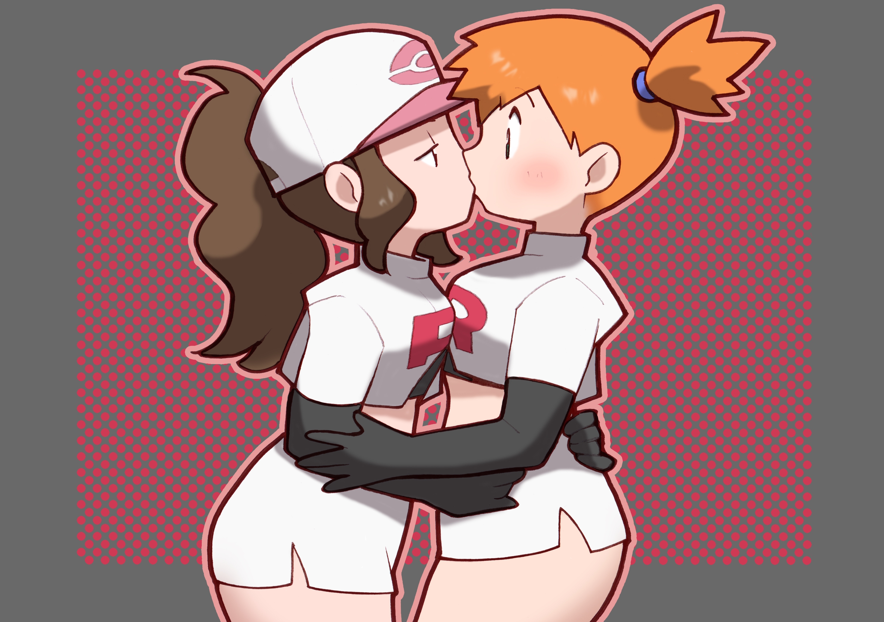 2girls, asymmetrical hair, bangs, baseball cap, blue eyes, bravefarm2, breasts, brown hair, closed mouth, cosplay, elbow gloves, embracing, enemy conversion, female, female only, game freak, girls kissing, gloves, green eyes, grey background, hand on hip, hat, headwear, highres, hilda (pokemon), hug, jessie (pokemon) (cosplay), kasumi (pokemon), kissing, lesbian, long hair, looking at viewer, midriff, misty (pokemon), multiple females, multiple girls, navel, nintendo, orange hair, pencil skirt, pokemon, pokemon (anime), pokemon (classic anime), pokemon (game), pokemon bw, pokemon rgby, ponytail, print shirt, shirt, short hair, side ponytail, simple background, skirt, team rocket, team rocket grunt (cosplay), team rocket uniform, white skirt, yuri