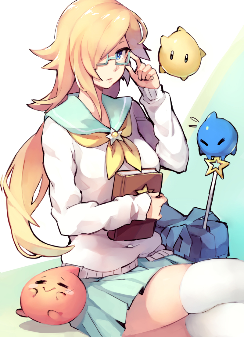 blonde_hair blue_eyes blue_glasses book breasts cleavage ge-b gebyy-terar glasses hair_over_one_eye holding_book long_hair luma mario_(series) medium_breasts nintendo princess_rosalina school_bag school_uniform skirt wand