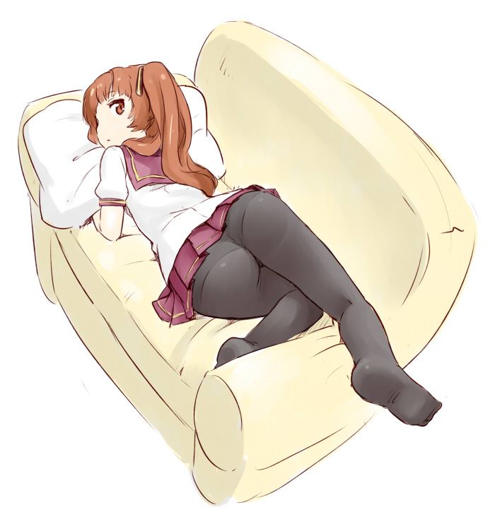 ano_natsu_de_matteru ass bad_id bad_pixiv_id black_pantyhose brown_eyes brown_hair couch feet female full_body hair_over_shoulder hair_ribbon long_hair looking_back looking_up lying nagian no_shoes on_stomach panties panties_under_pantyhose pantyhose pillow pink_hair red_eyes red_hair ribbon school_uniform serafuku side_ponytail skirt solo underwear yamano_remon