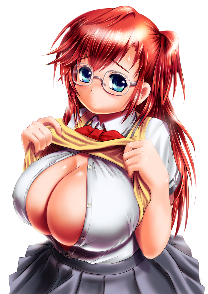 ano_natsu_de_matteru blue_eyes breasts cleavage commentary_request female glasses huge_breasts long_hair moriichi red_hair school_uniform smile solo sweater_vest takatsuki_ichika twintails unbuttoned