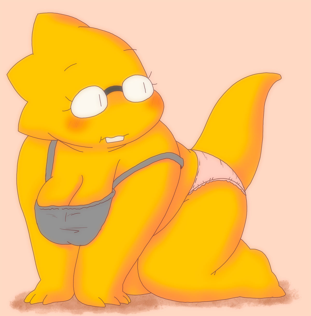 1girls 2d alphys aruput aruput_ut big_breasts blush blushing breasts chubby cleavage female female_only glasses large_breasts lizard_girl lizard_humanoid nerd nerdy_female pink_panties simple_background solo tagme undertale undertale_(series) underwear