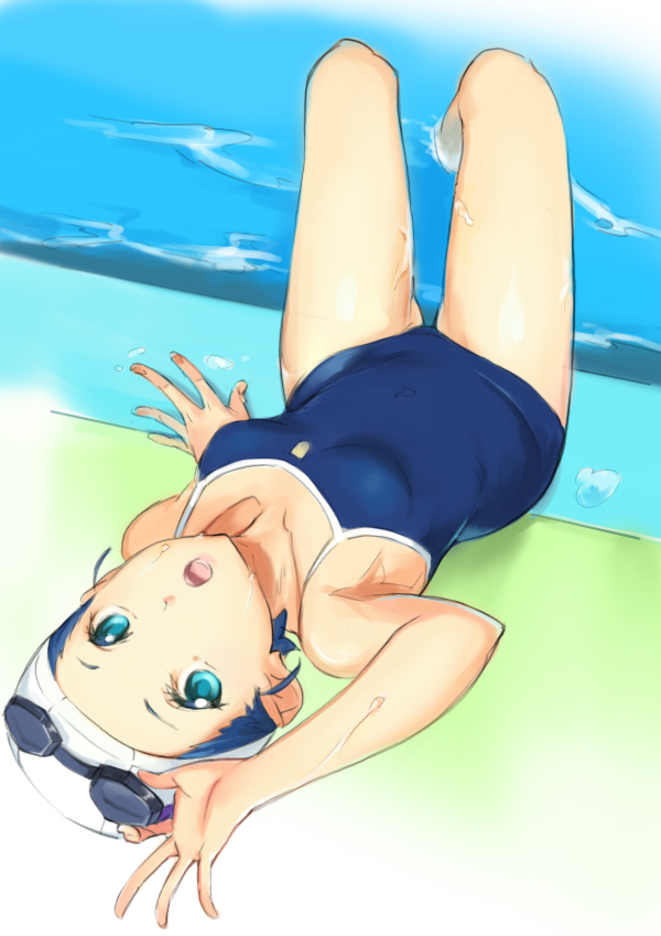 :o ano_natsu_de_matteru aqua_eyes bad_id bad_pixiv_id blue_hair competition_school_swimsuit female goggles goggles_on_head kick-to-rip looking_at_viewer lying on_back one-piece_swimsuit photoshop_(medium) pool school_swimsuit short_hair solo swim_cap swimsuit tanigawa_kanna upside-down water