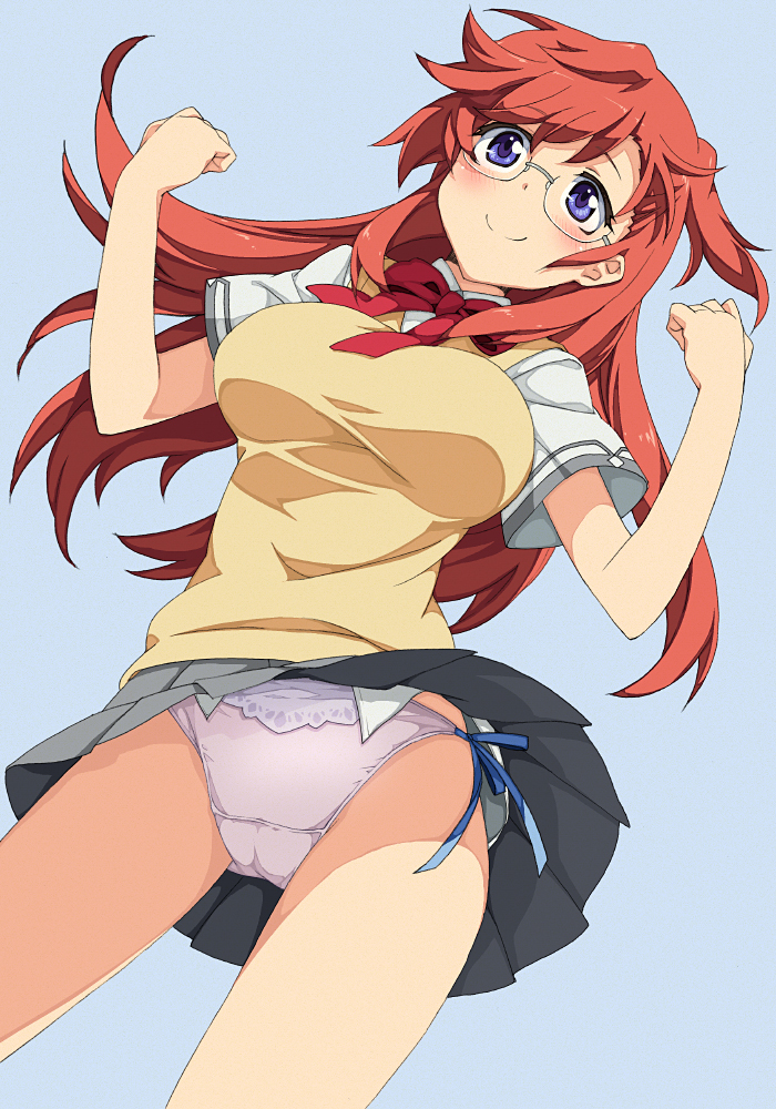 ano_natsu_de_matteru blue_background blue_eyes blush bow bowtie breasts cameltoe clenched_hands dutch_angle female from_below glasses lace lace-trimmed_panties lace_trim large_breasts long_hair miniskirt panties pantyshot purple_panties red_hair saipaco school_uniform shirt side-tie_panties simple_background skirt smile solo sweater_vest takatsuki_ichika taut_clothes taut_shirt underwear upskirt w_arms white_panties wrists_extended