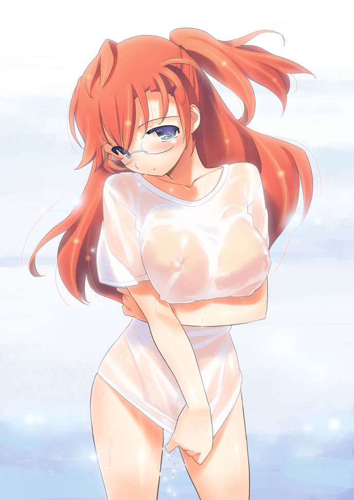 ano_natsu_de_matteru bad_id bad_pixiv_id blue_eyes blush breasts covering covering_crotch female glasses jiji_(aardvark) large_breasts long_hair naked_shirt photoshop_(medium) red_hair see-through shirt side_ponytail solo takatsuki_ichika wet wet_clothes wet_shirt