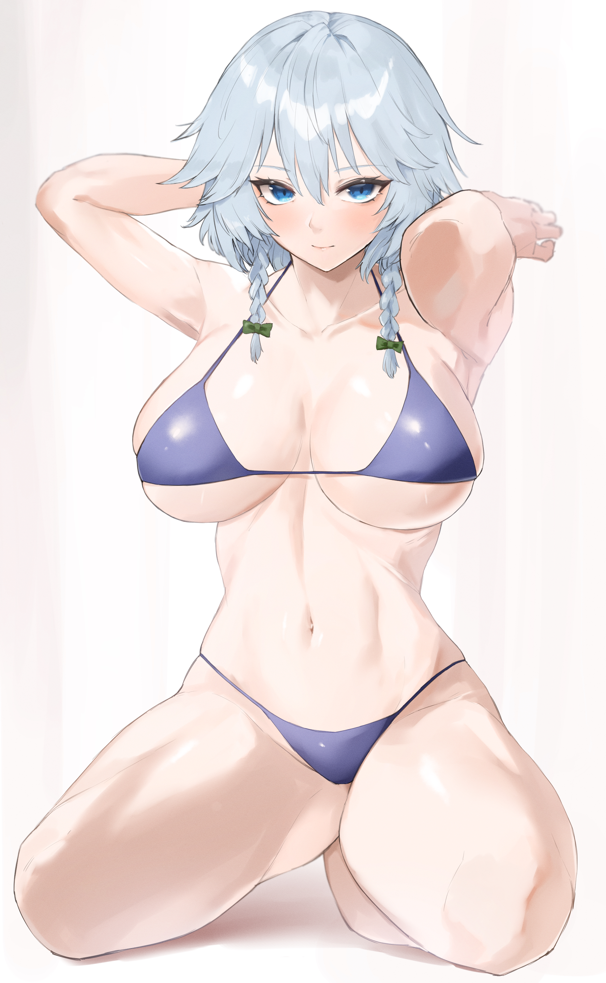 absurdres, alternate costume, armpits, arms up, bare arms, bikini, blush, bow, braid, breasts, closed mouth, female, green bow, grey hair, hair between eyes, halter top, halterneck, highres, kataku musou, kneeling, large breasts, looking at viewer, medium hair, navel, purple bikini, sakuya izayoi, simple background, skindentation, solo, stomach, string bikini, swimsuit, thighs, touhou, twin braids, underboob, white background
