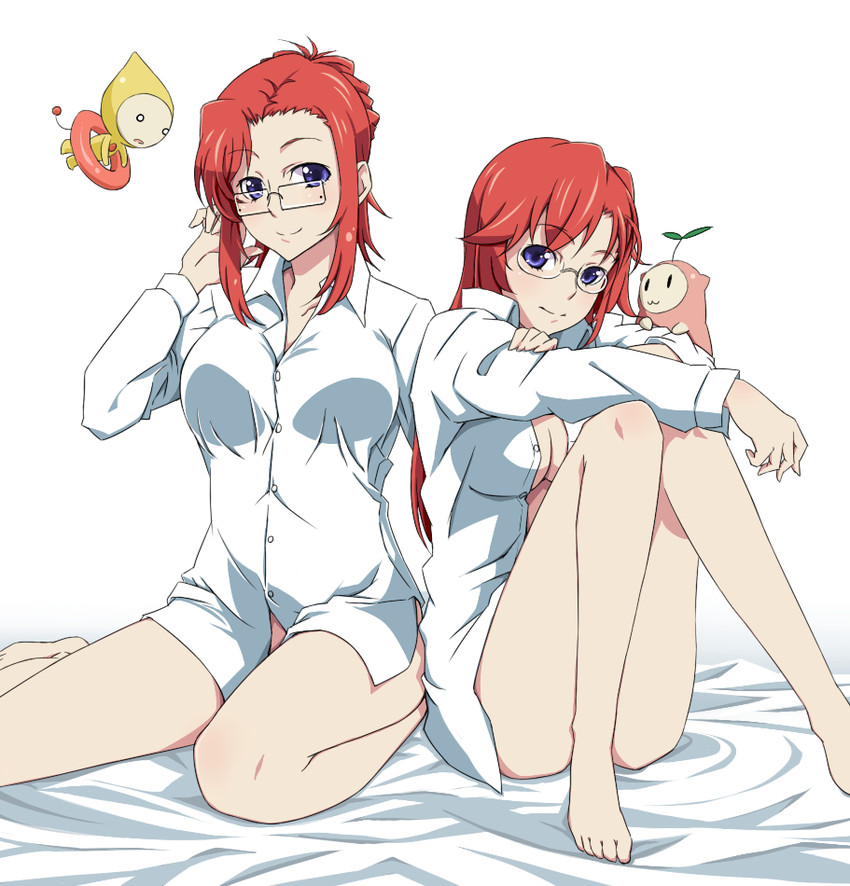 2girls ano_natsu_de_matteru background barefoot bed blue_eyes breasts cleavage commentary_request creator_connection crossover ears eyes eyewear glasses half-dressed half_clothed half_naked half_nude kazami_mizuho large_breasts long_hair marie_(onegai_teacher) medium_breasts multiple_girls naked_shirt onegai_teacher pixiv plain_background red_hair rinon_(ano_natsu_de_matteru) shirt sitting smile takatsuki_ichika teacher touryou white_background white_sheets white_shirt