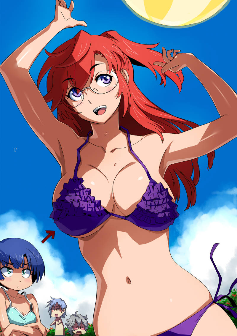 2boys 2girls ano_natsu_de_matteru arrow_(symbol) ball beachball bikini blue_hair blush breast_envy breasts chibi cloud commentary_request day glasses green_eyes ishigaki_tetsurou kirishima_kaito large_breasts long_hair multiple_boys multiple_girls navel no_nose purple_bikini purple_eyes red_hair short_hair side-tie_bikini sky swimsuit takatsuki_ichika tanigawa_kanna twinpoo