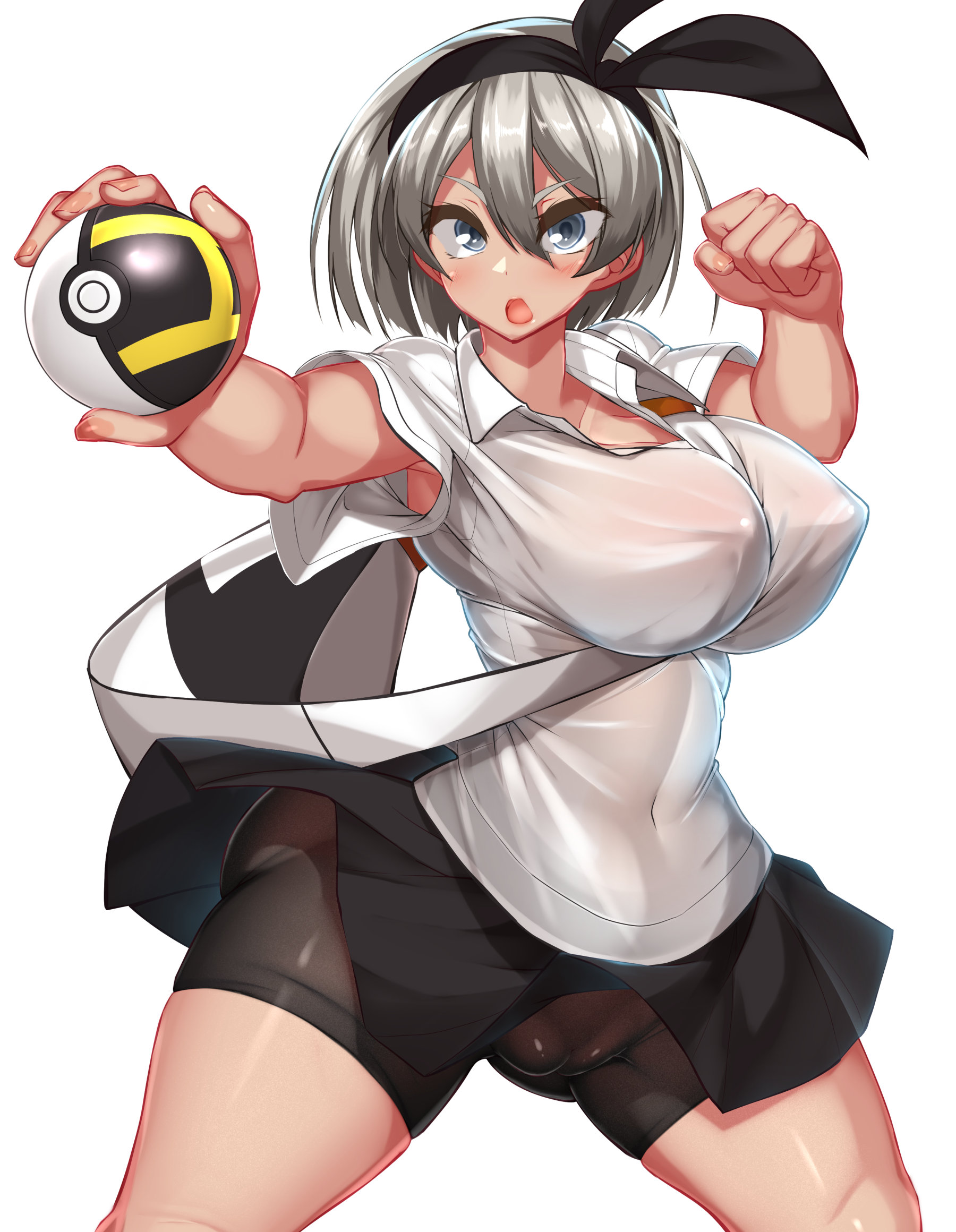 1girls, ass, bea (pokemon), blue eyes, blush, breasts, cameltoe, female, grey hair, huge breasts, kawahagitei, nipples, pokemon, pokemon ss, pussy, see-through clothing, short shorts, shorts, sweat, tagme, thick thighs, vagina