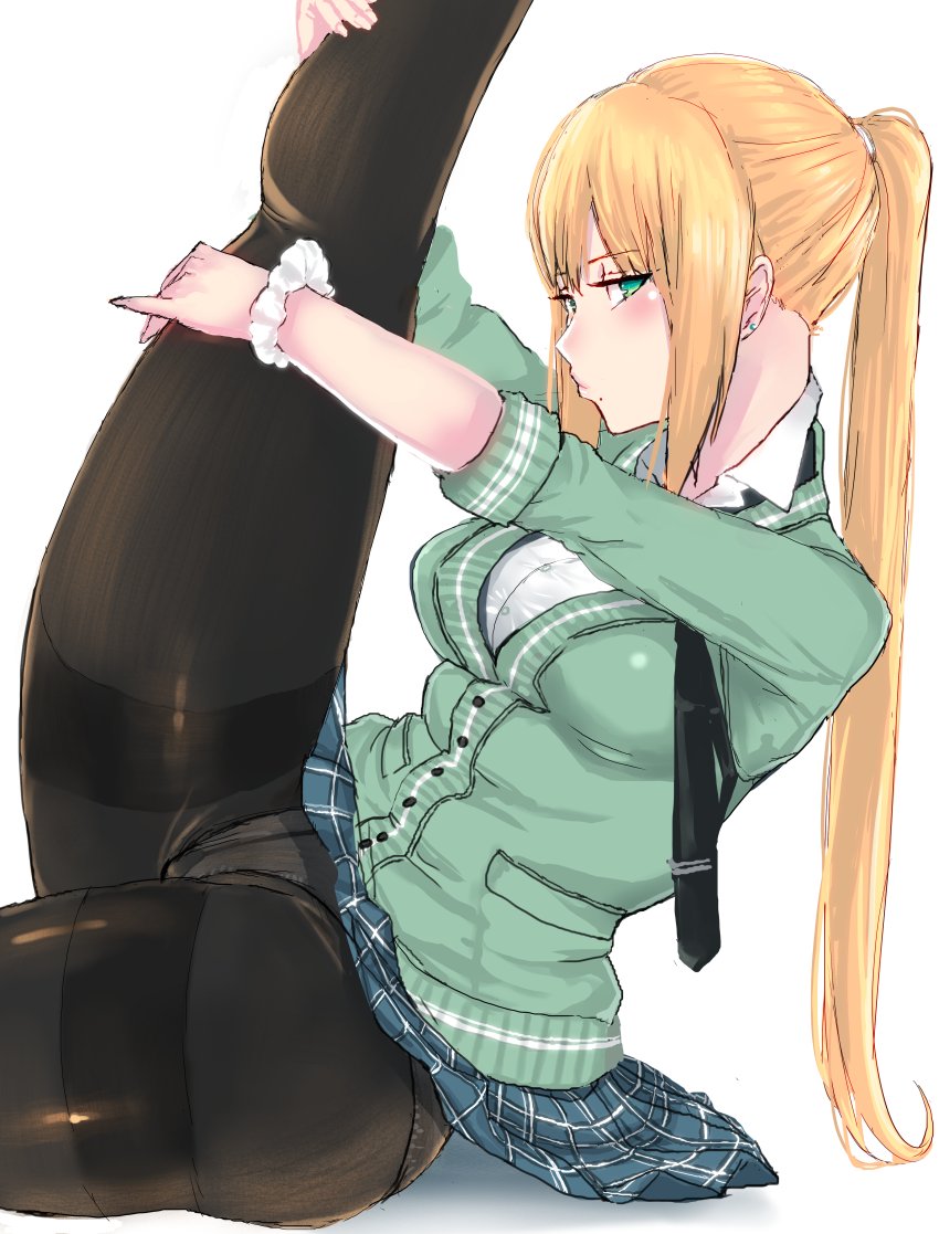 1girls blonde_hair breasts earrings female female_focus female_only green_eyes leg_up medium_breasts metroid mole nintendo panties panties_under_pantyhose pantyhose panzer ponytail samus_aran school_uniform solo white_panties