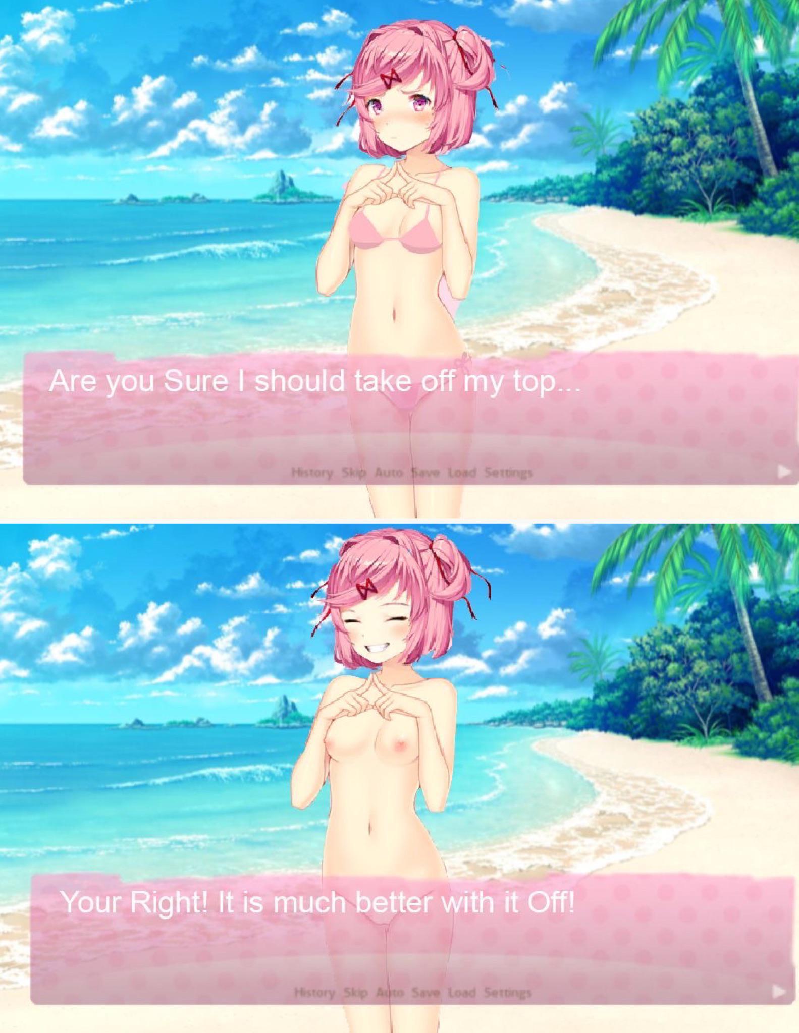 1girls accurate_art_style beach bikini_top bikini_top_removed breasts closed_eyes cute ddlc_text_box doki_doki_literature_club english_text female female_only grinning happy looking_at_viewer lowres naked natsuki_(doki_doki_literature_club) nipples nude nudist nudist_beach ocean pink_bikini_top pink_eyes pink_hair pink_panties pink_text_box smiling solo sprite sprite_edit text text_box water