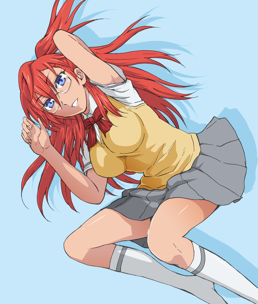 ano_natsu_de_matteru aqua_background bad_id bad_pixiv_id bare_arms dress_shirt female glasses grey_skirt grin hair_spread_out kneehighs layered_clothes long_hair lying miniskirt no_shoes pleated_skirt red_hair school_uniform shirt short_sleeves simple_background single_horizontal_stripe skirt smile socks solo sweater_vest taguchi_kenji_(omaep) takatsuki_ichika v-neck white_shirt white_socks yellow_sweater_vest