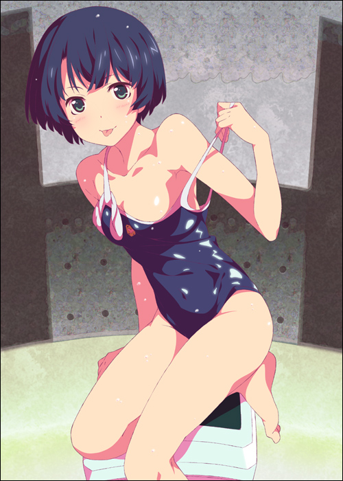 :p ano_natsu_de_matteru bare_shoulders barefoot blue_eyes blue_hair blush breasts collarbone competition_school_swimsuit female leaning_forward long_legs looking_at_viewer mizuki_makoto off_shoulder one-piece_swimsuit photoshop_(medium) school_swimsuit short_hair sitting small_breasts solo strap_slip swimsuit tanigawa_kanna tongue tongue_out