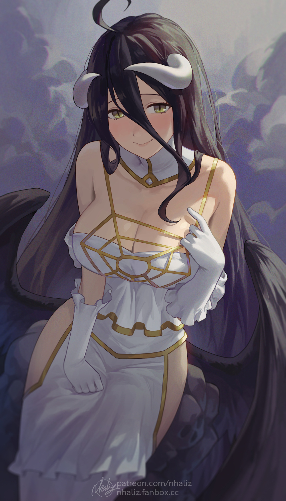 ahoge, albedo (overlord), big breasts, breasts, cleavage, demon, female, gloves, hair between eyes, horns, nhaliz, overlord (maruyama), slit pupils, succubus, succubus horns, succubus wings, tagme, wings