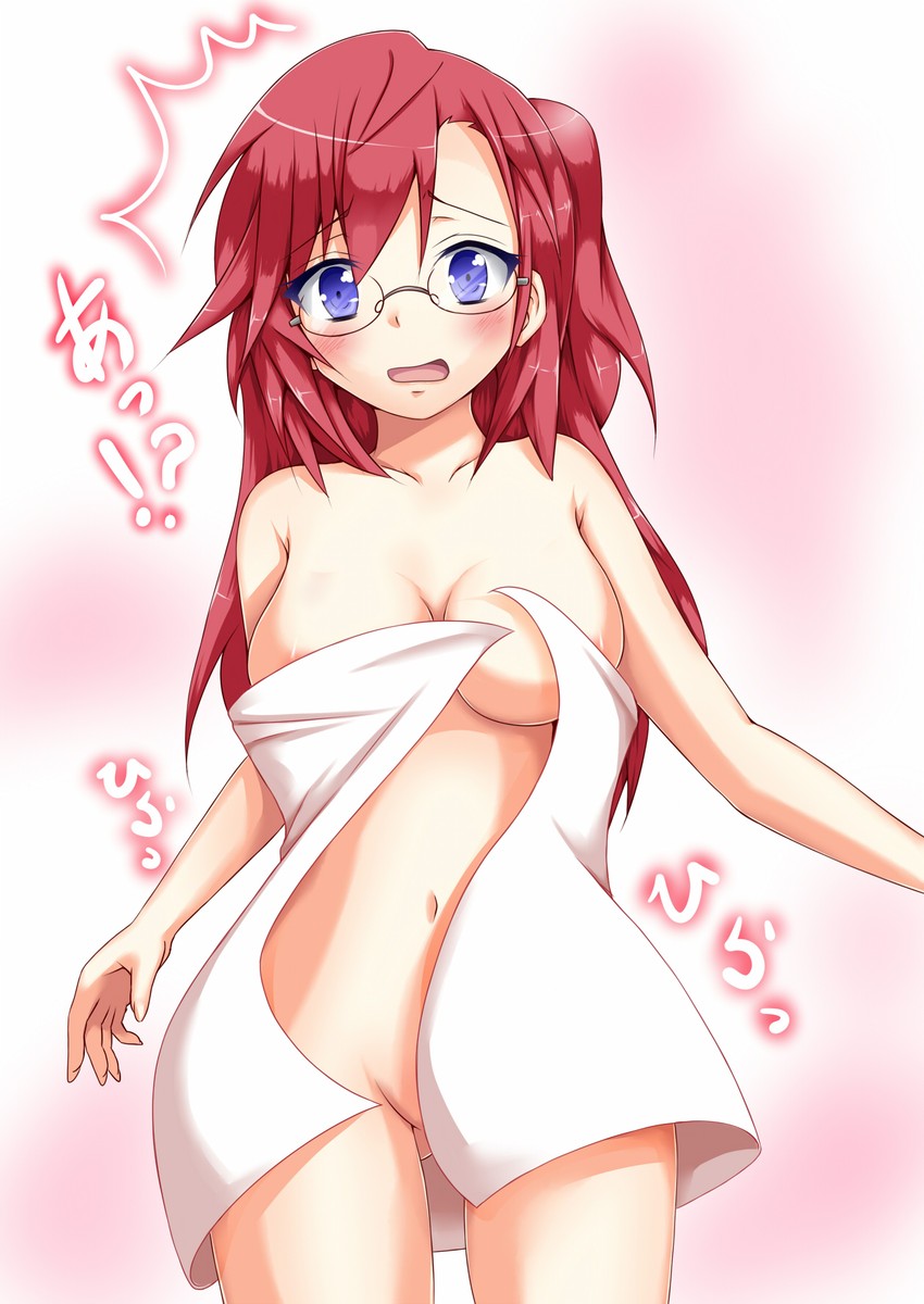 ano_natsu_de_matteru areolae bad_id bad_pixiv_id blue_eyes cowboy_shot female glasses highres long_hair naked_towel navel red_hair solo takatsuki_ichika towel wardrobe_malfunction yopparai_oni