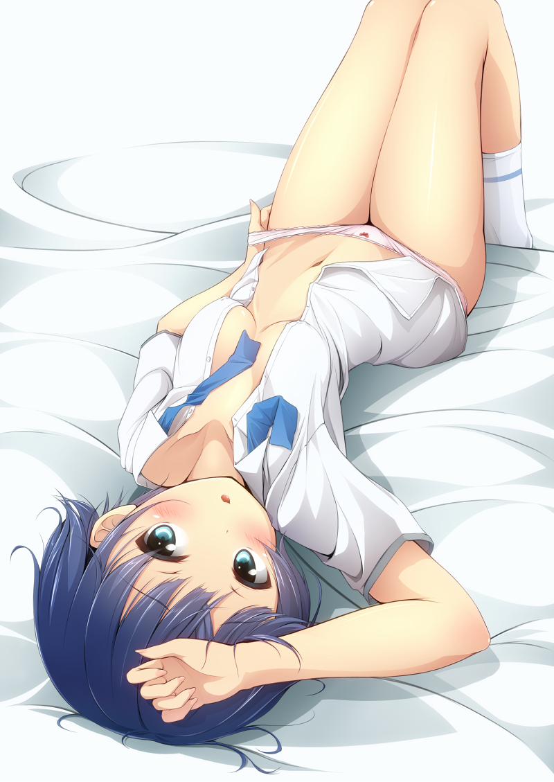 :o ano_natsu_de_matteru arm_up bare_legs blue_eyes blue_hair blush breasts commentary_request female kuroneko_shiro looking_at_viewer medium_breasts navel necktie no_bra open_clothes open_shirt panties panty_pull shiny shiny_skin shirt short_hair solo tanigawa_kanna thighs underwear undressing upside-down