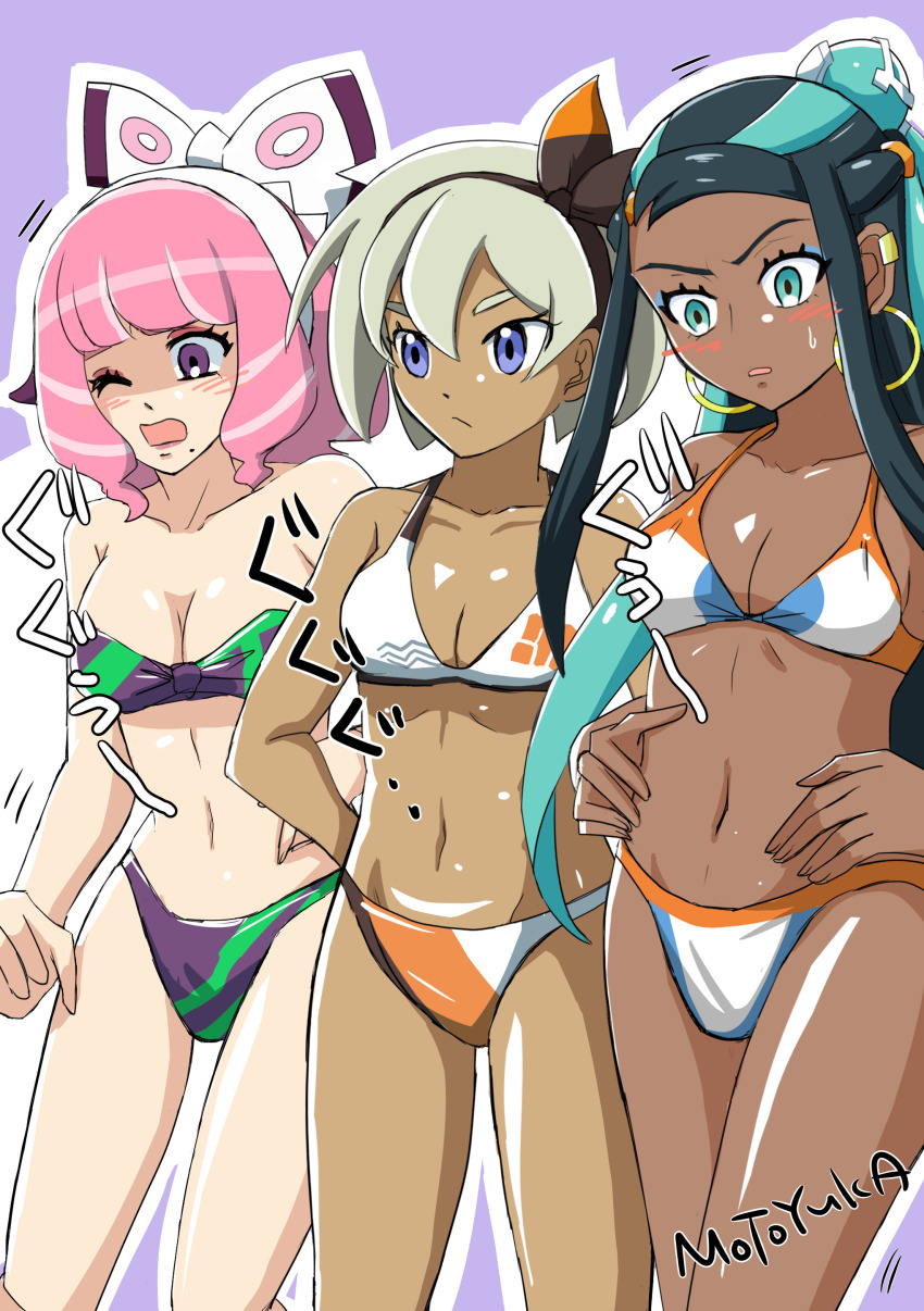 3girls, artist name, bea (pokemon), bikini, blue eyes, cyan eyes, dark skin, dark-skinned female, female, female only, grey hair, hair ribbon, hairband, japanese text, klara (pokemon), nessa (pokemon), nintendo, pink hair, pokemon, pokemon ss, purple eyes, tagme