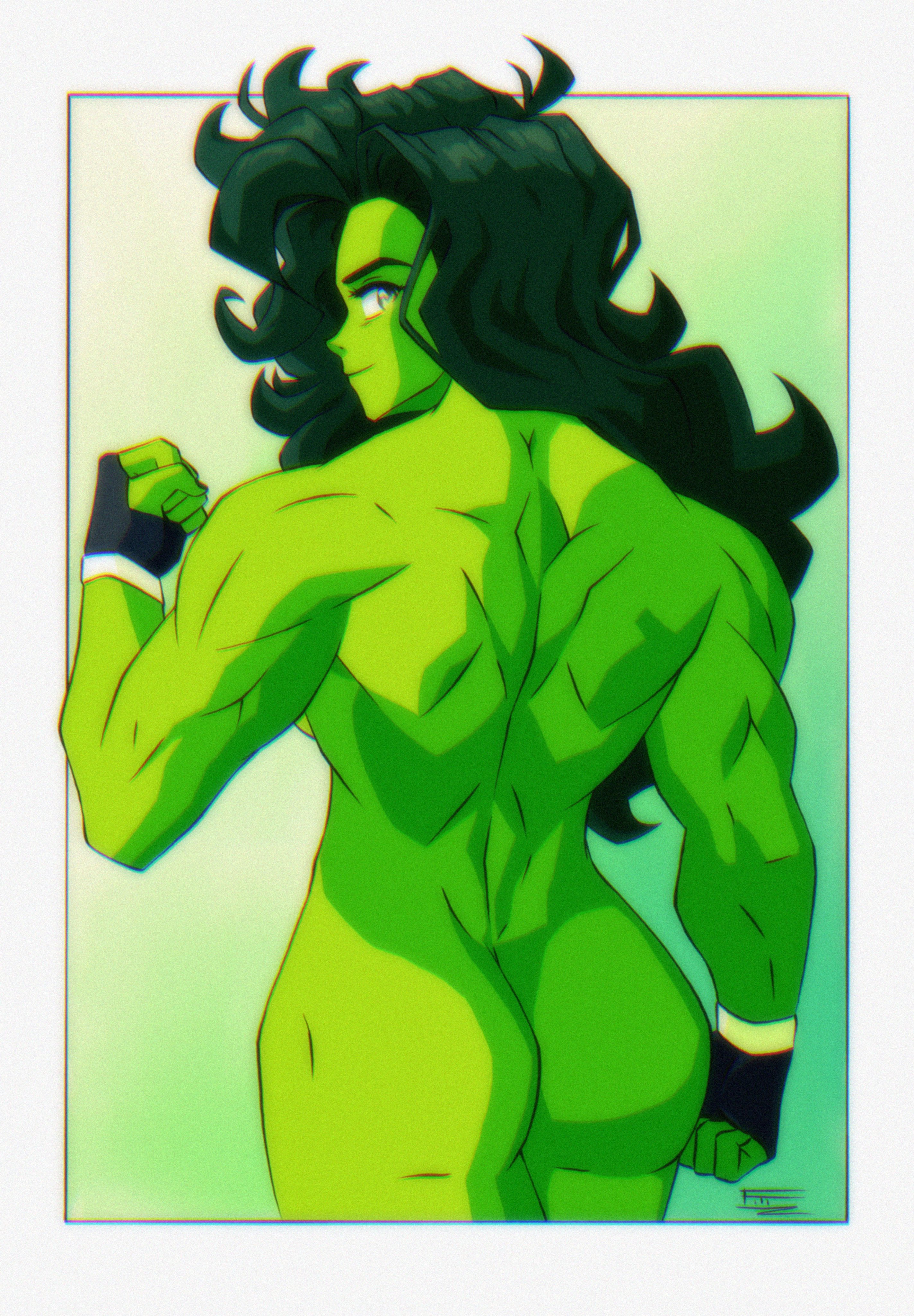 1girls, ass, curly hair, female, female only, fingerless gloves, fitiddies, gloves, green body, green eyes, green hair, green skin, hulk (series), long hair, looking at viewer, looking back, marvel, marvel comics, muscles, muscular, muscular back, muscular female, nude, rear view, retro artstyle, she-hulk, simple background, solo, solo female, thick thighs, toned, toned female, white border