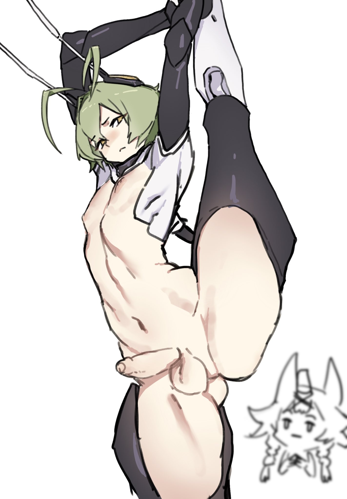 1boy, 1girls, balls, blush, embarrassed, erection, female, femboy, flat chest, girly, green hair, holding leg, leg up, looking at viewer, male, male focus, medium hair, midriff, mokotoko9, nezu (mokotoko9), nipples, nude, original, pale, penis, simple background, solo focus, standing split, tetsuba-ki (mokotoko9), trap, yellow eyes