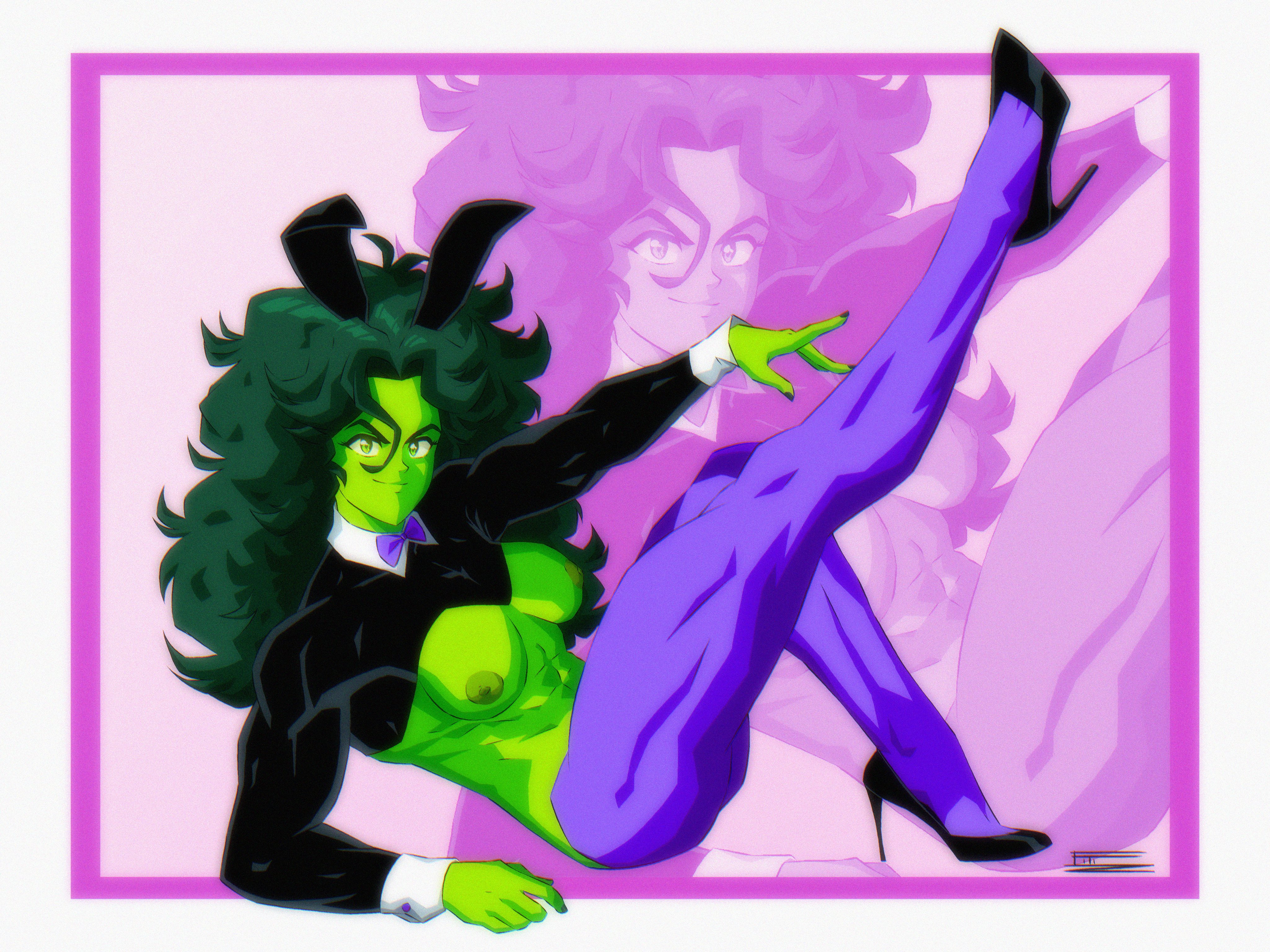1980s (style), 1girls, abs, alternate version available, big breasts, breasts, bunny ears, bunny girl, bunnysuit, female, female only, fitiddies, green body, green eyes, green hair, green nipples, green skin, high heels, hulk (series), leg up, leggings, legs, long hair, looking at viewer, marvel, marvel comics, muscular, muscular female, nail polish, nipples, painted nails, pinup, pinup pose, pose, posing, retro artstyle, reverse bunnysuit, she-hulk, solo, thick thighs, white border