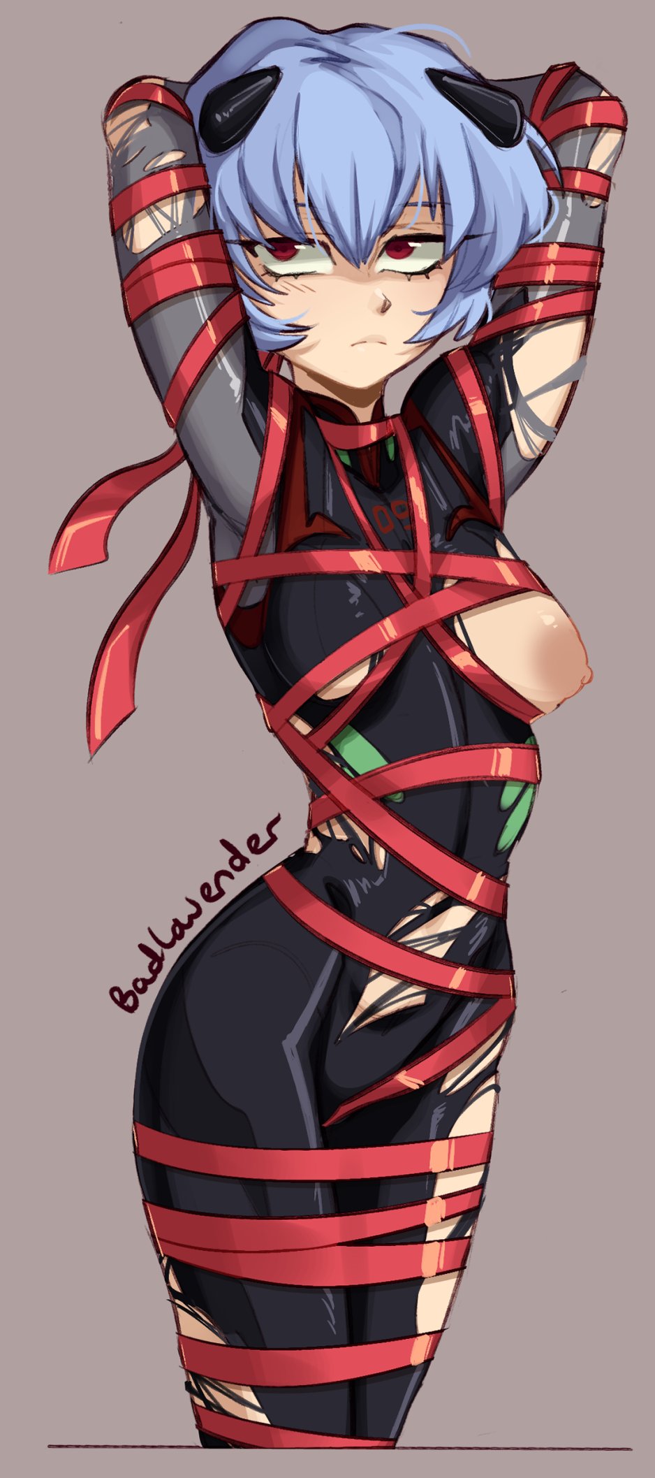 1girls, badlavender, blue hair, bodysuit, bondage, breasts, breasts out, clothing, female, human, light skin, light-skinned female, medium breasts, neon genesis evangelion, pale skin, pale-skinned female, pilot suit, plugsuit, rebuild of evangelion, red eyes, rei ayanami, ripped clothing, rope, rope bondage, rope harness, short hair, solo, torn clothes