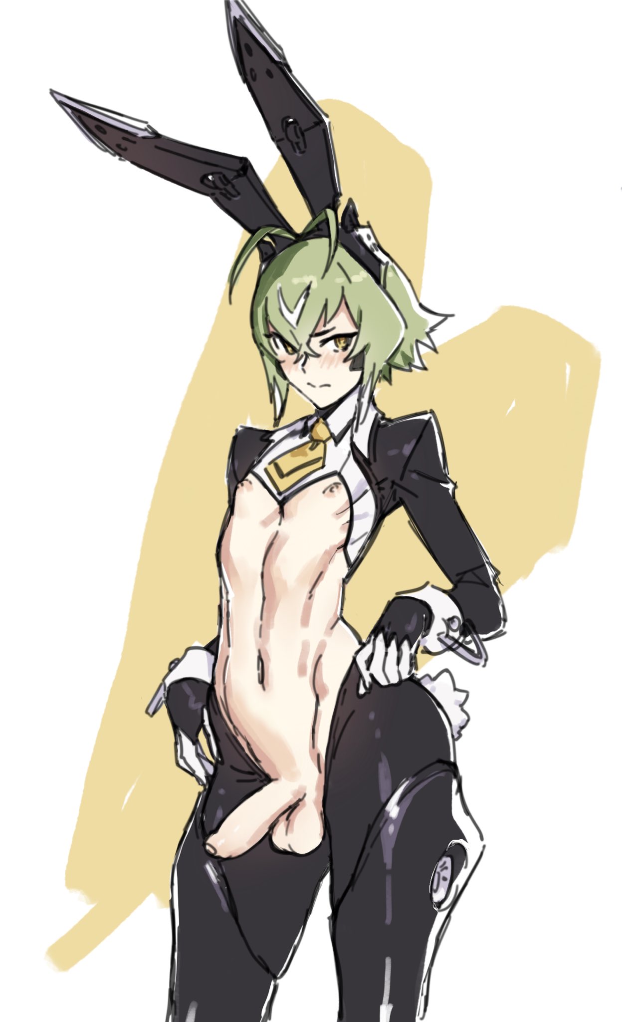 1boy, blush, bunny ears, embarrassed, femboy, flat chest, girly, green hair, half-erect, male, medium hair, midriff, mokotoko9, nezu (mokotoko9), nipples, nude, original, penis, reverse bunnysuit, simple background, solo male, trap, yellow eyes