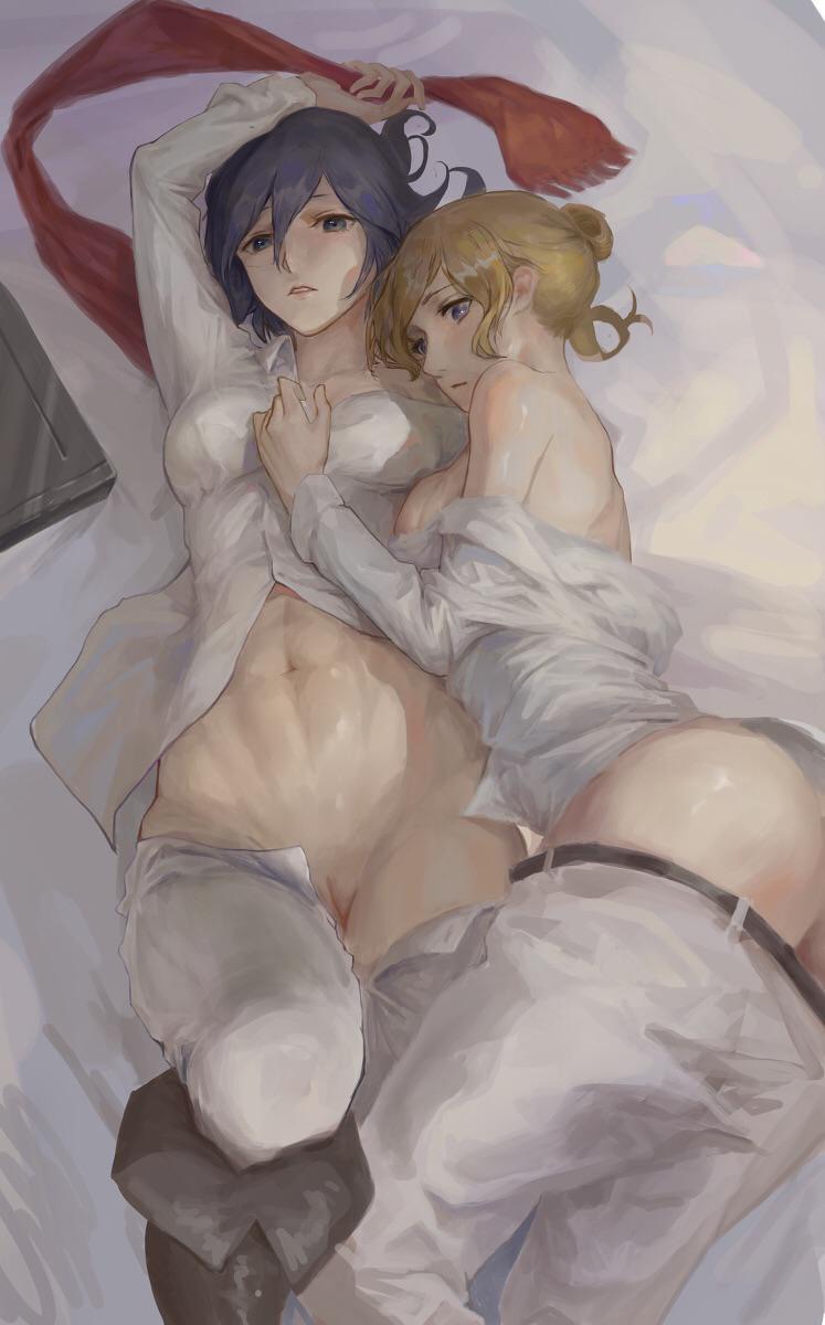 2girls, abs, annie leonhardt, artist request, asian, asian female, ass, attack on titan, black hair, black-haired female, blond, blonde female, blonde hair, blonde-haired female, breasts, female, female only, lesbian, lesbians, mikannie, mikasa ackerman, multiple females, multiple girls, pussy, shingeki no kyojin, short hair, yuri