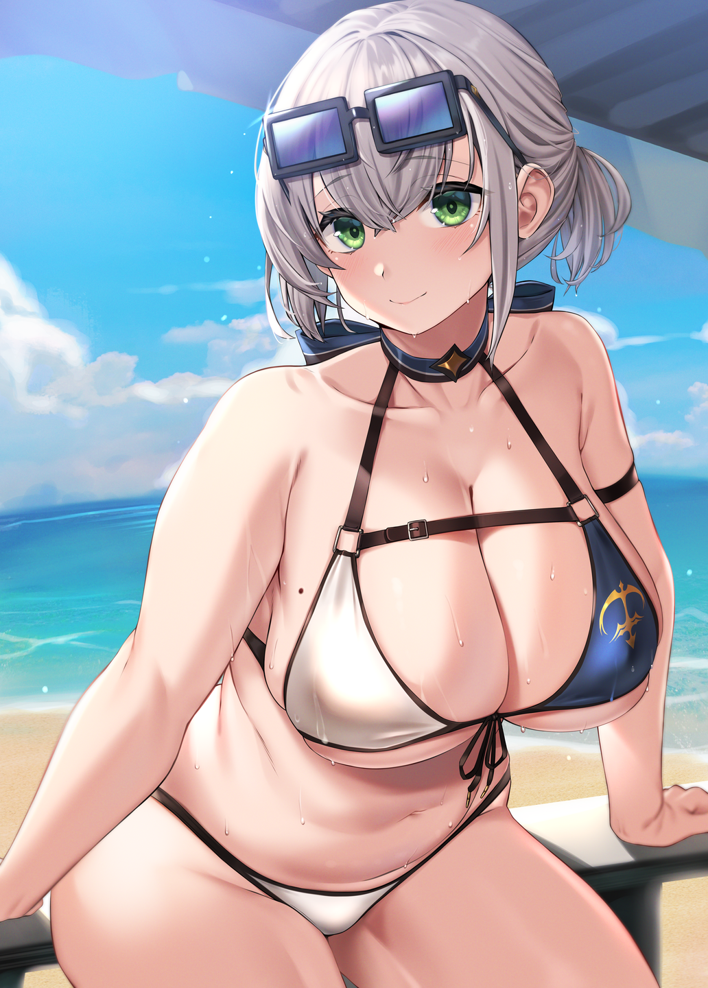 1girls 2022 bangs bikini_bottom bikini_top blush breasts chubby chubby_female cleavage closed_mouth collarbone eyewear_on_head female female_focus female_only green_eyes grey_hair highres hololive hololive_fantasy hololive_japan large_breasts looking_at_viewer moisture_(chichi) mole mole_on_breast navel outdoors plump shirogane_noel smile solo solo_female two-tone_bikini underboob virtual_youtuber water