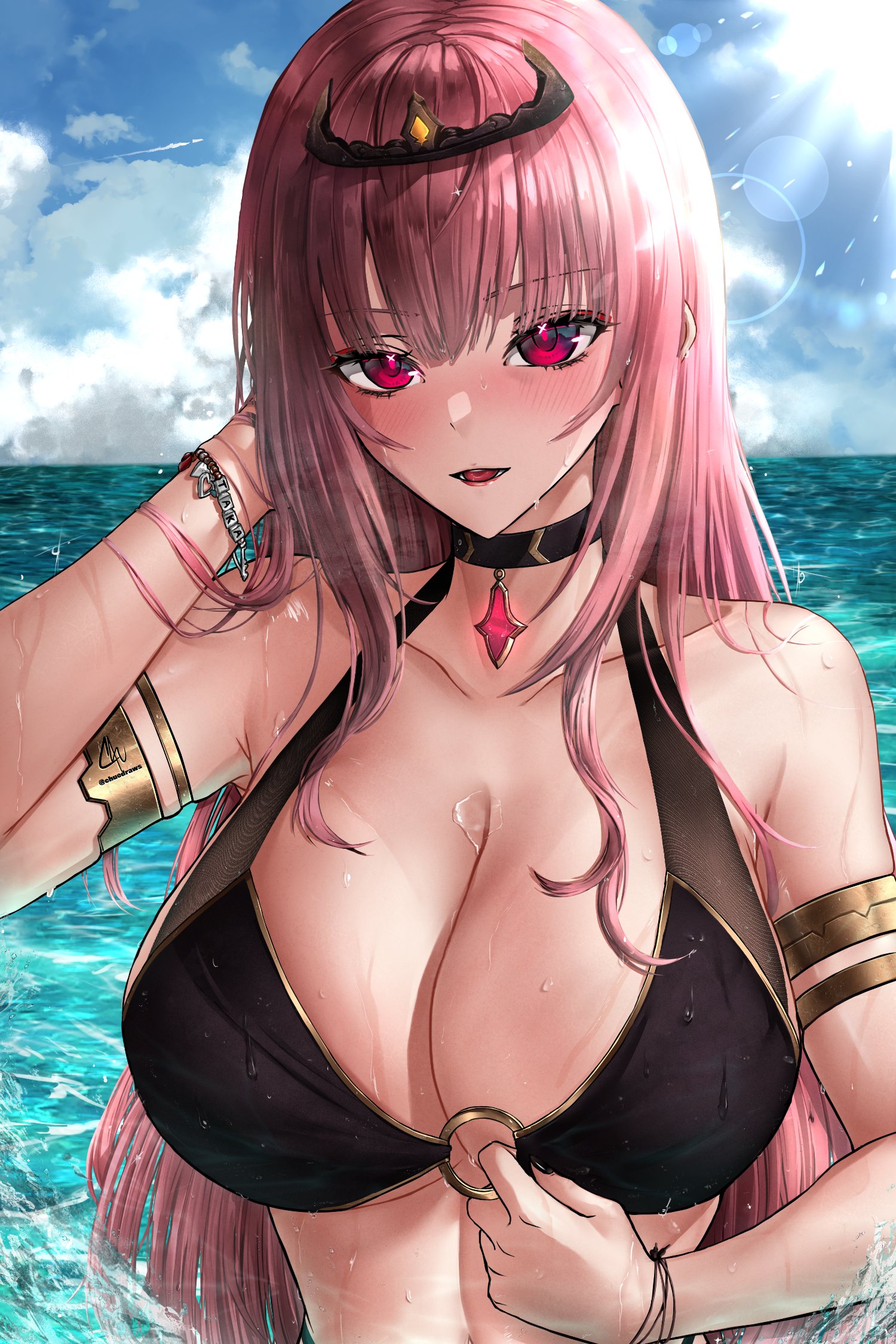 1girls, 2022, adjusting clothes, adjusting hair, adjusting swimsuit, arm strap, armbands, armlet, bikini, black bikini, black choker, blush, bracelet, breasts, choker, chu-e, cleavage, cloud, crown, female, female focus, female only, gold (metal), highres, hololive, hololive english, hololive myth, jewelry, large breasts, long hair, looking at viewer, mori calliope, o-ring, o-ring bikini, ocean, open mouth, pink hair, red eyes, solo, solo female, swimsuit, virtual youtuber, water, wet