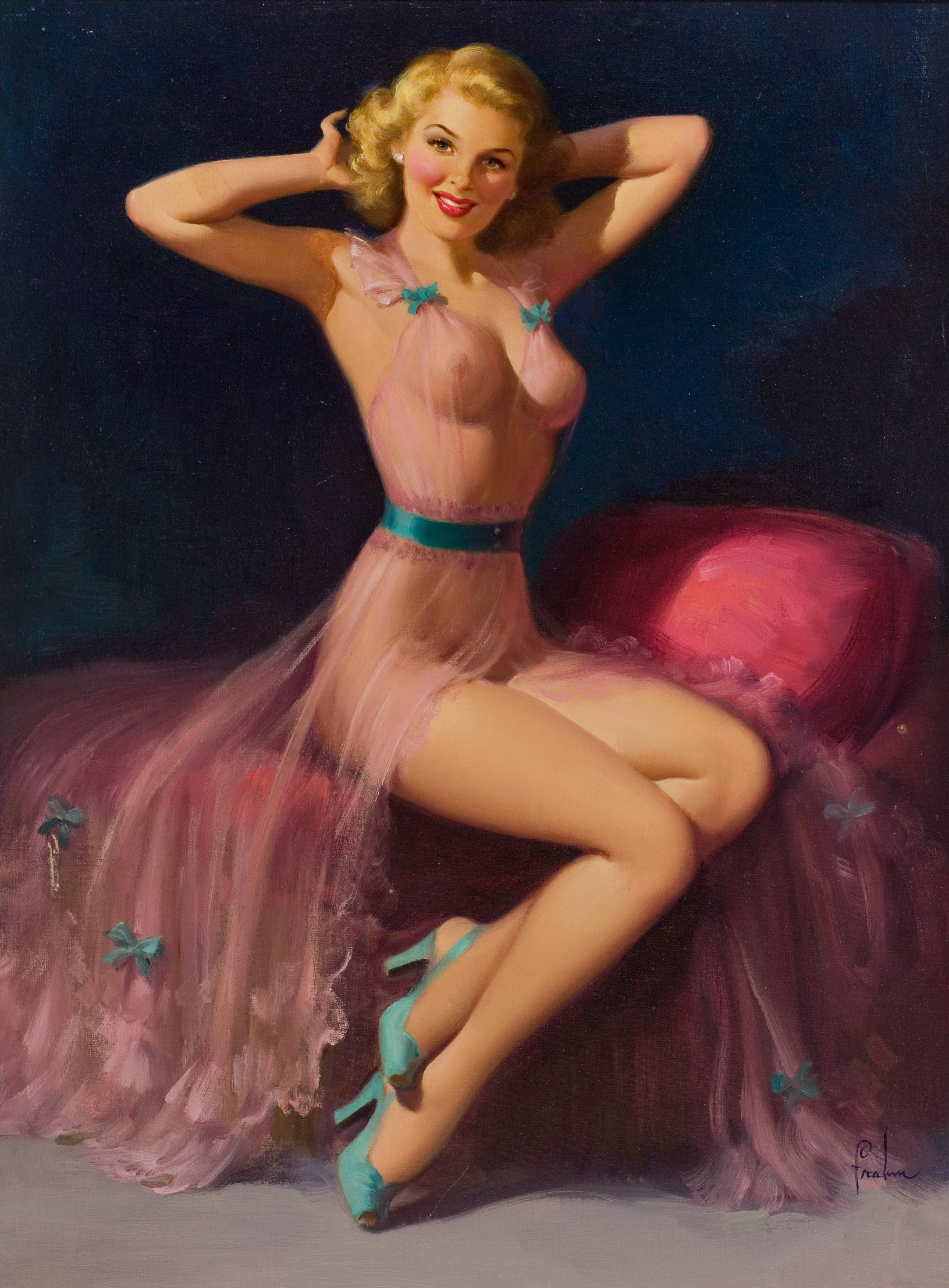 1girls, 20th century, areolae, art frahm, bed, blonde hair, blush, breasts, female, female only, high heels, lipstick, looking at viewer, negligee, nightgown, nipples, original, painting (artwork), pinup, pinup girl, see-through, smile, solo, straight hair, traditional media (artwork), vintage