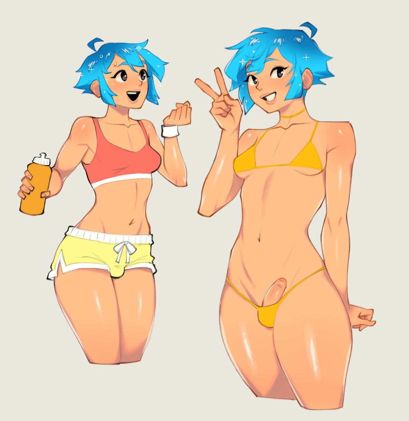 1futa, athletic, b0nerbat, bikini, blue hair, bob cut, breasts, bulge, choker, cleavage, cute, erection, eyelashes, eyeliner, futa only, futanari, gradient hair, grey background, happy, hi res, intersex, junie (b0nerbat), lipstick, looking at viewer, makeup, original character, peace sign, penis, penis in panties, shiny skin, short hair, short shorts, shorts, simple background, small breasts, small penis, solo, sports bra, thighs, thin waist, thong, trans woman, transfem