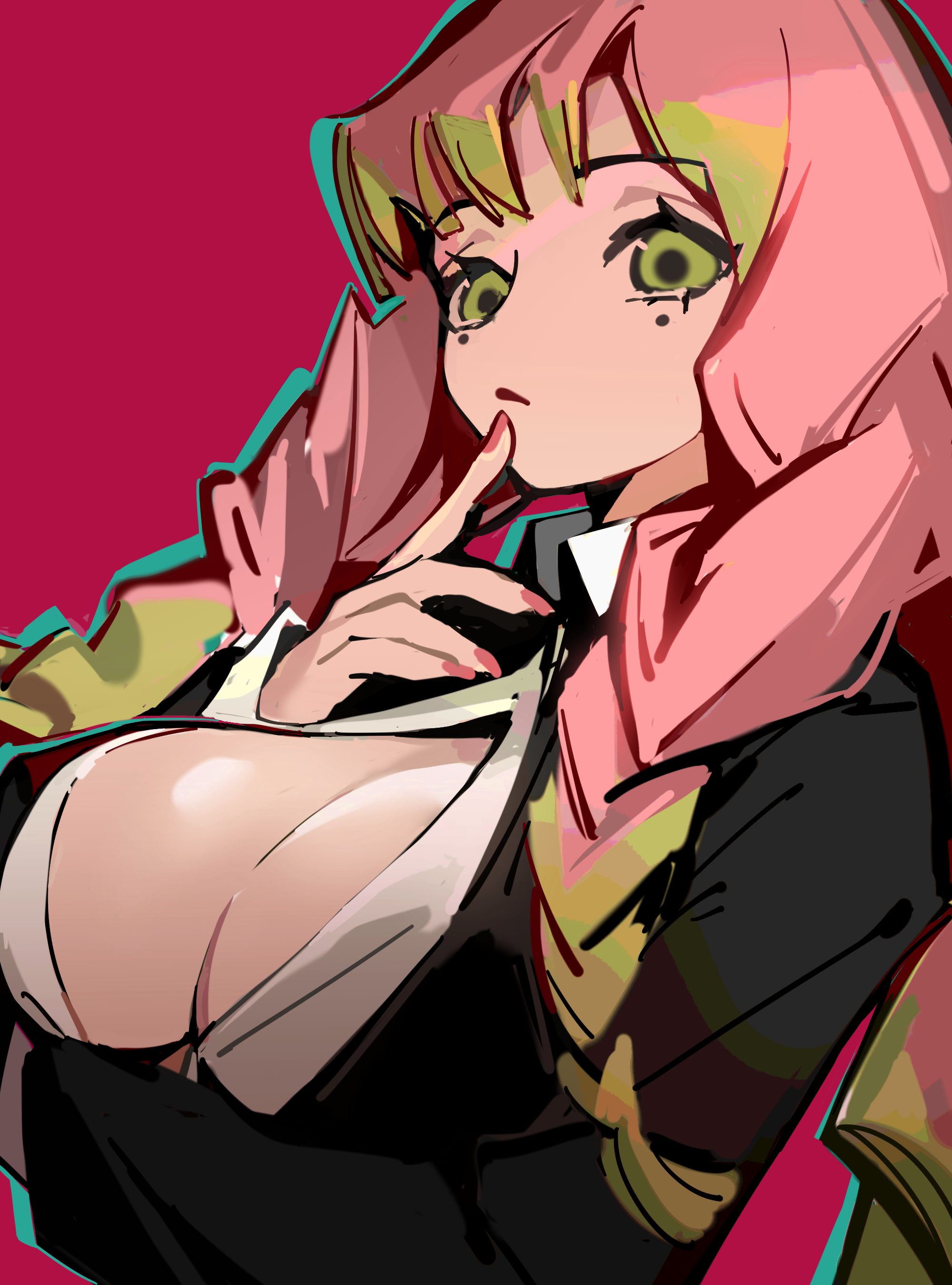 1girls, big breasts, braided hair, breasts, cleavage, demon slayer, female, female only, finger to mouth, fully clothed, green eyes, kanroji mitsuri, kimetsu no yaiba, long hair, looking at viewer, mole under eye, no bra, open shirt, pink background, pink hair, pink-haired female, revealing clothes, solo, two-tone hair, uniform, upper body