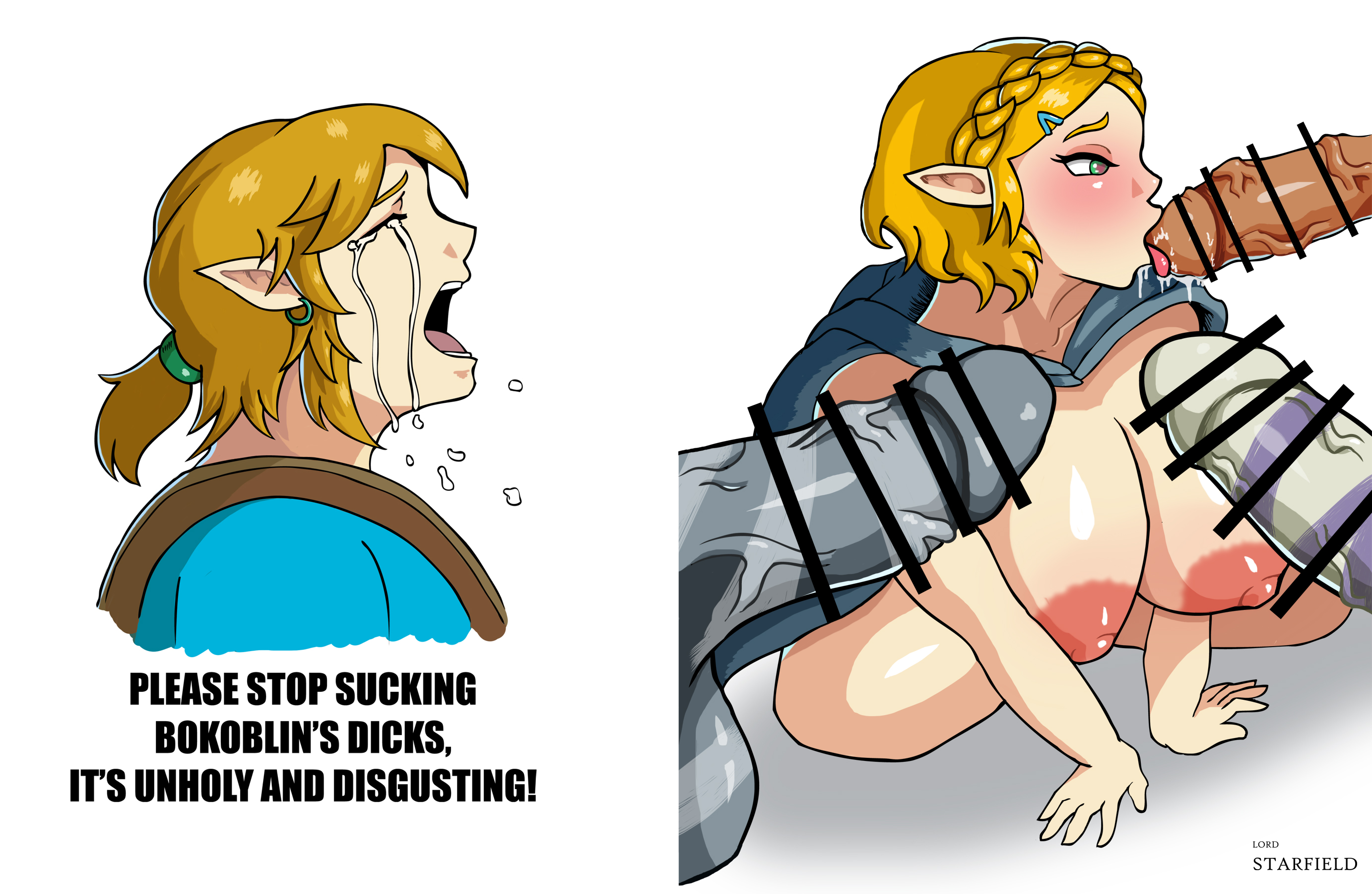 1girls, 2d, bad end, blonde hair, blush, bokoblin, breasts, broken rape victim, captured heroine, censor bar, censored, cheating, cloak, corrupted, corruption, crying, cucked by goblin, cuckold, fantasy, female, femsub, heart, heart-shaped pupils, hi res, interspecies, large breasts, link, link (breath of the wild), lord starfield, male, maledom, meme, mind break, monster, multiple penises, nipples, parody, parody porn, penis, pointy ears, ponytail, princess zelda, rape, saliva, saliva trail, short hair, solo female, tears, tears of the kingdom, the legend of zelda, tongue, tongue out, veiny penis, zelda (tears of the kingdom)