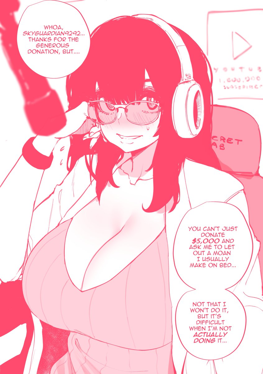 big_breasts breasts cleavage donation female glasses headphones headphones_on_head microphone norman_maggot streamer streaming tagme