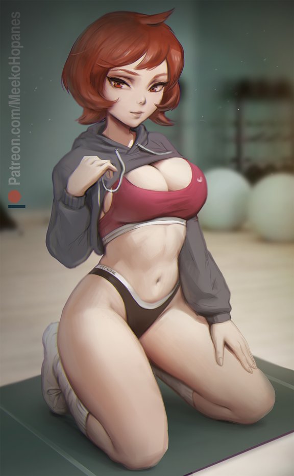 1girls, 2022, arezu (pokemon), breasts, female, female only, hips, kneeling, large breasts, light skin, light-skinned female, meekohopanes, nintendo, panties, pokemon, pokemon legends: arceus, red eyes, red hair, short hair, slim waist, sports bra, sportswear, thick thighs, thighs, wide hips