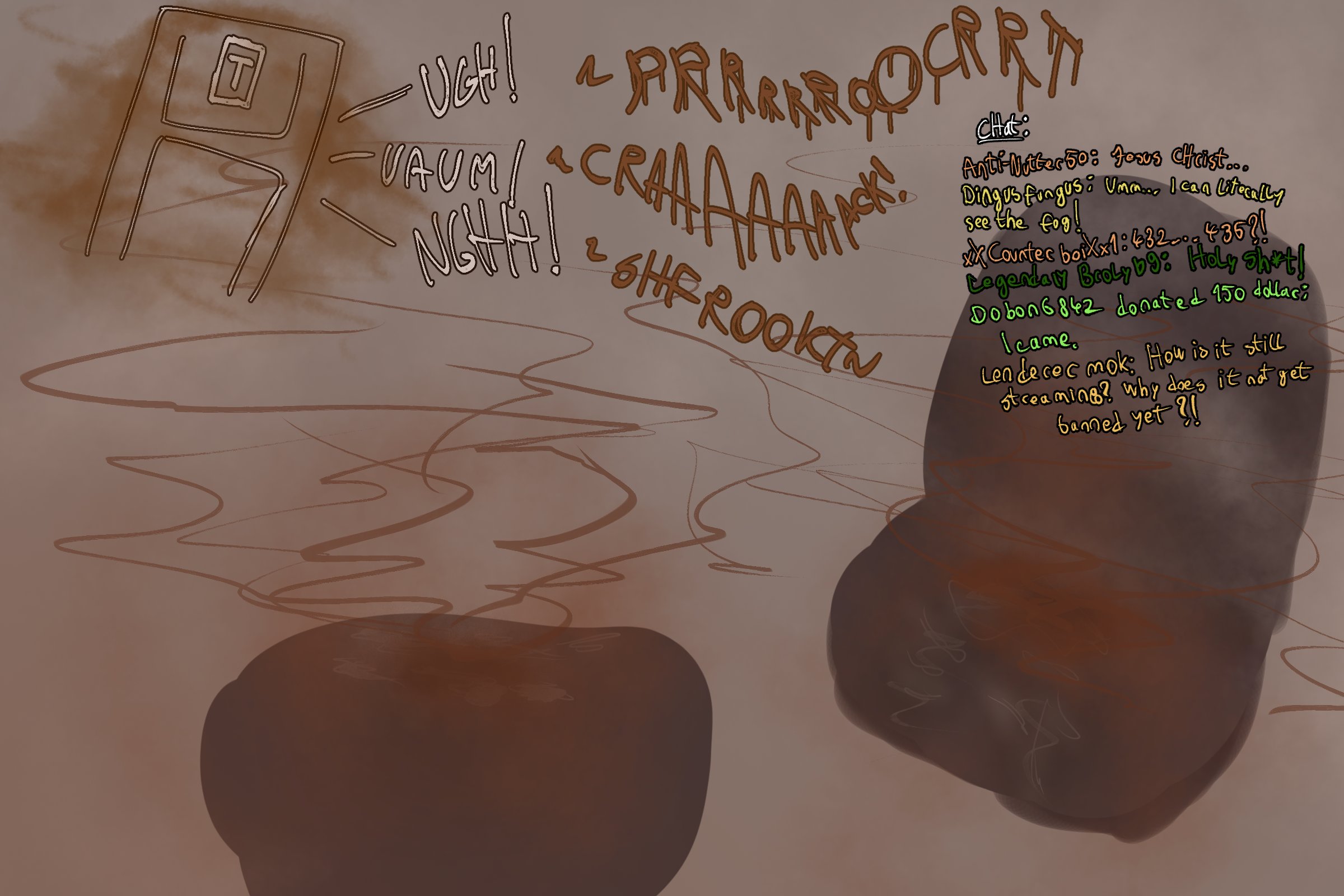 chair, door, english text, fart, fart cloud, fart everywhere, fart fetish, hololive, inugami korone, lingering stench, meonsausage, stench permeated, text, virtual youtuber